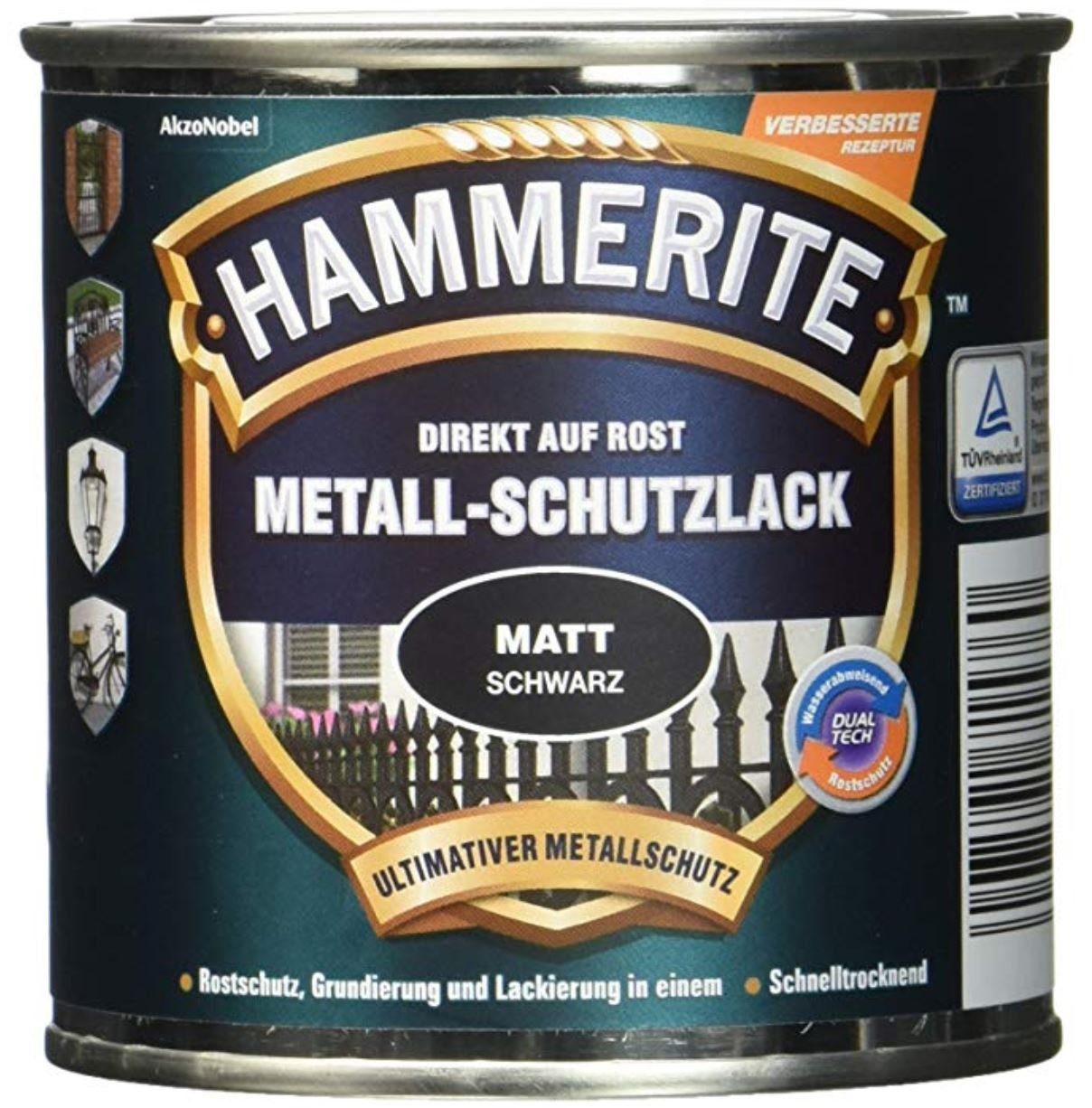 Metallschutzlack AKZO NOBEL 5134931 (Hammerite) Metall-Schutzlack Schwarz matt 250ml