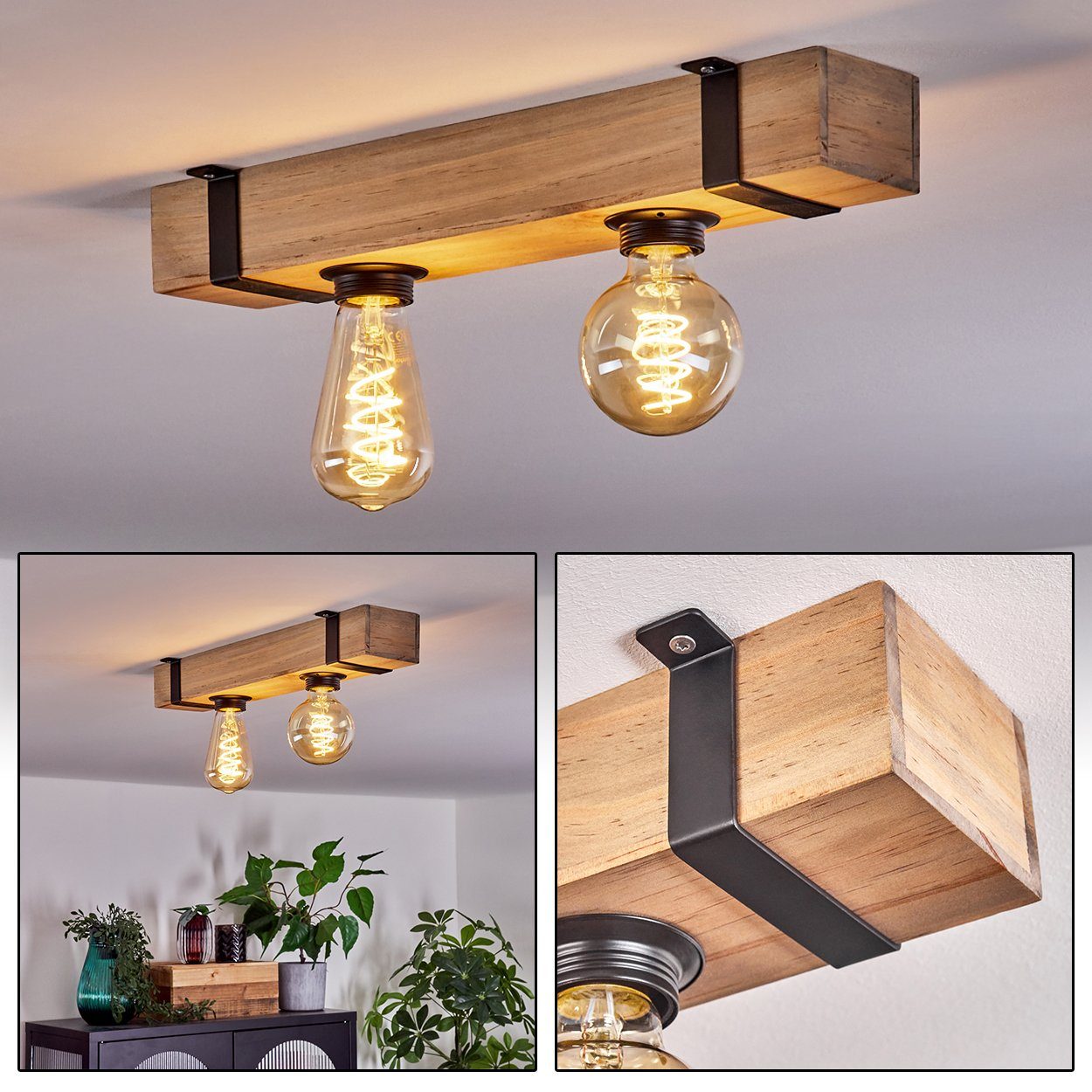 im skandinavischen in aus Leuchtmittel x Schwarz/Natur, 2 Design Deckenleuchte Deckenlampe Metall/Holz hofstein Holzbalken, ohne E27, ohne Leuchtmittel, mit