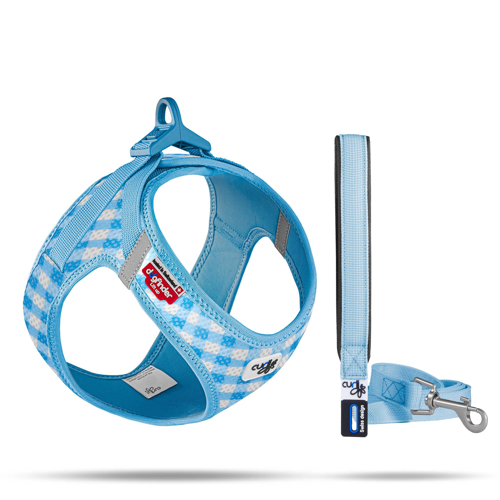 Curli Hunde-Geschirr Curli Vest Geschirr curli Clasp Air-Mesh Skyblue-Caro XS & Leine M