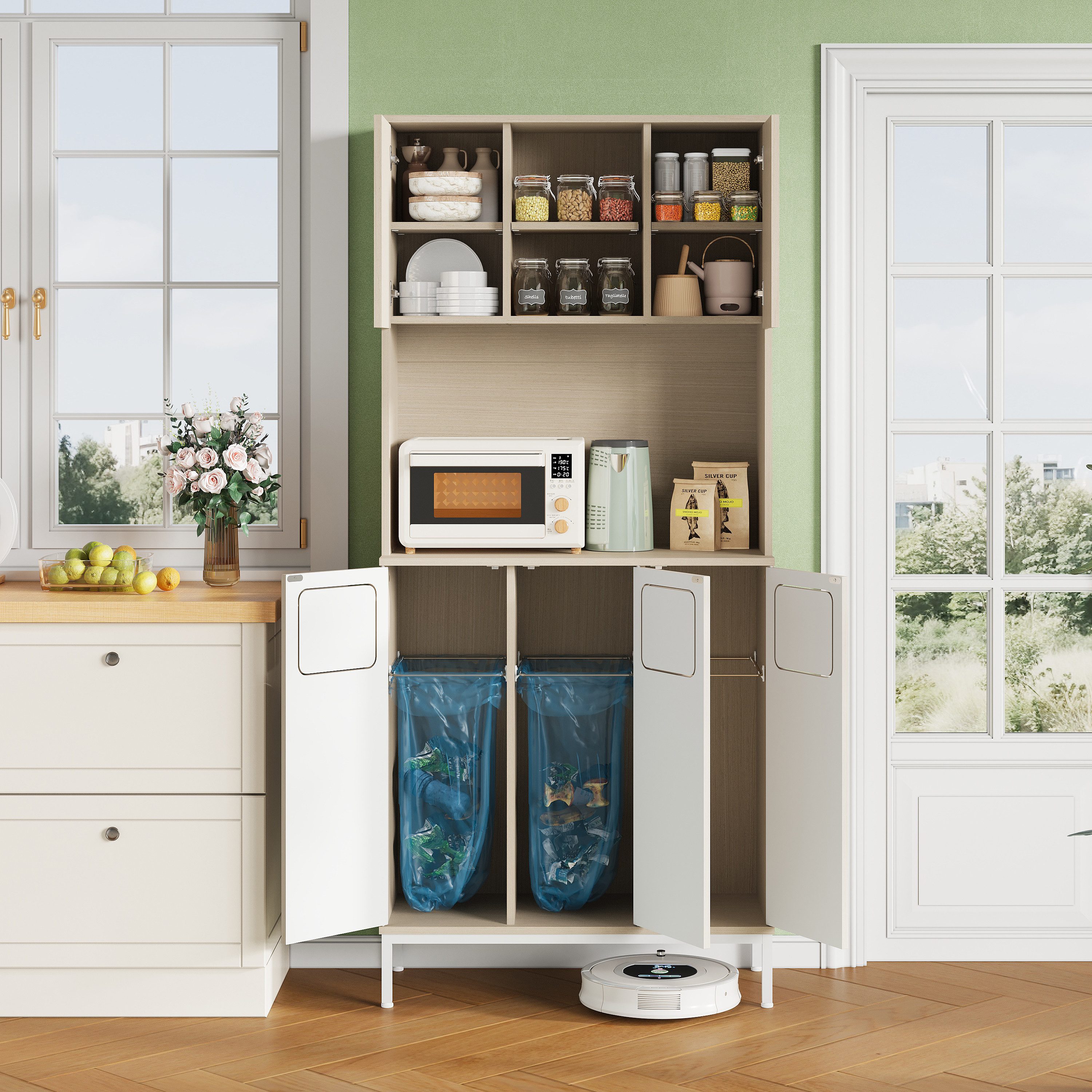 REDOM Küchenbuffet Integrierte Mülltrennung, Ablage für Mikrowelle & Geräte (Packung, 1-St., 80x181x35 cm Müllsammelschrank in Hellholz-Weiß mit 3 Türen) Aufbewahrung für Küche, Hauswirtschaftsraum & Speisekammer