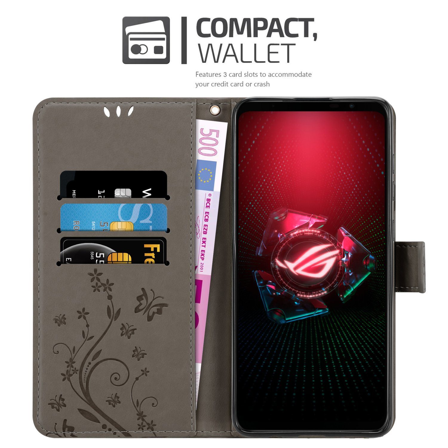 Cadorabo Handyhülle für Asus ROG Phone 5 Hülle Asus ROG Phone 5, Hülle Schutzhülle Blumen Flower mit Standfunktion Kartenfach Magnet