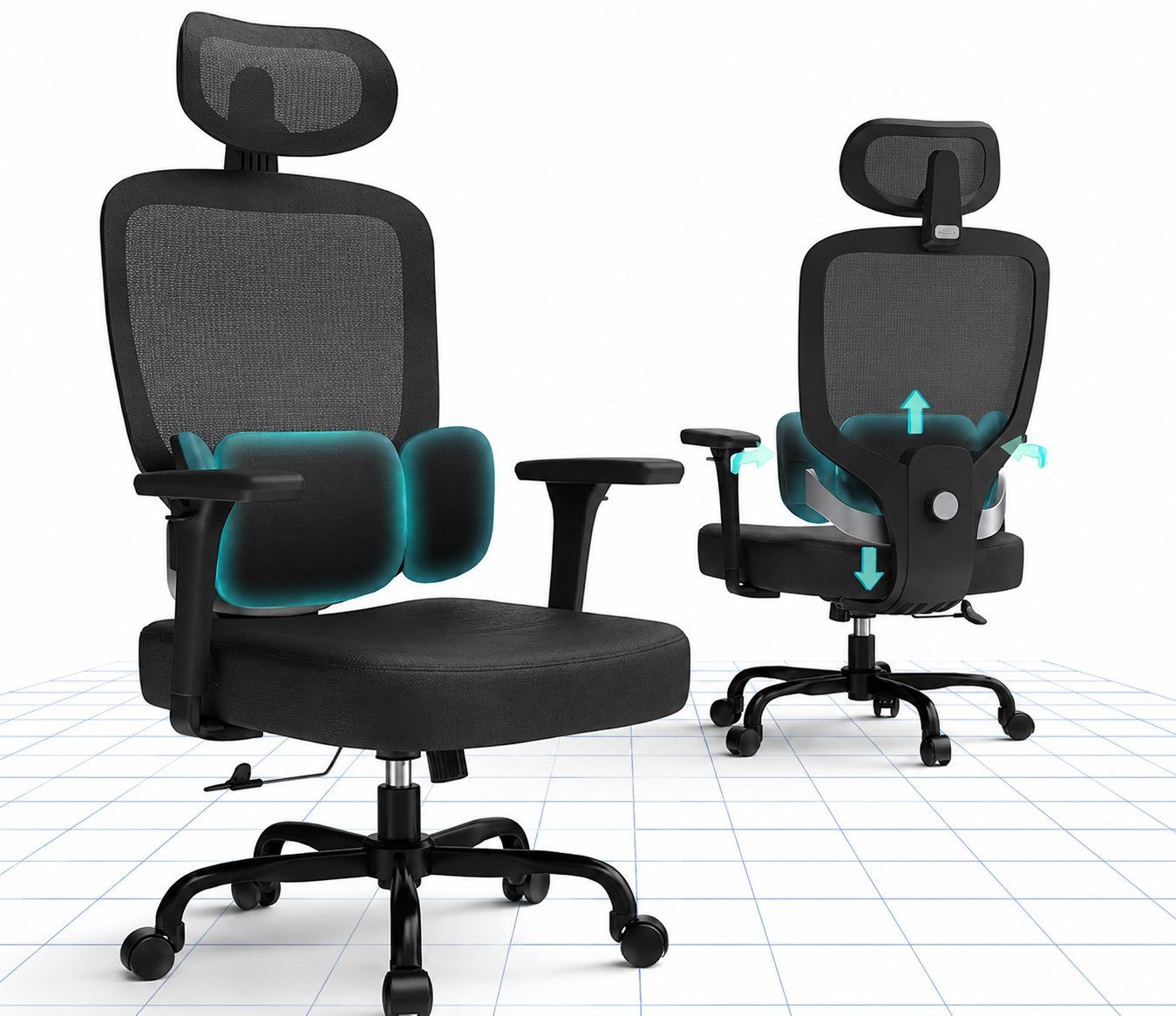 ZAISZE Bürostuhl Ergonomischer Bürostuhl fürs Homeoffice mit 3-stufiger Lordosenstütze (3D-Armlehnen, 2D-Kopfstütze, Rücken- und Taillenstütze), Neigungsfunktion zum Lernen, bis 150 kg belastbar