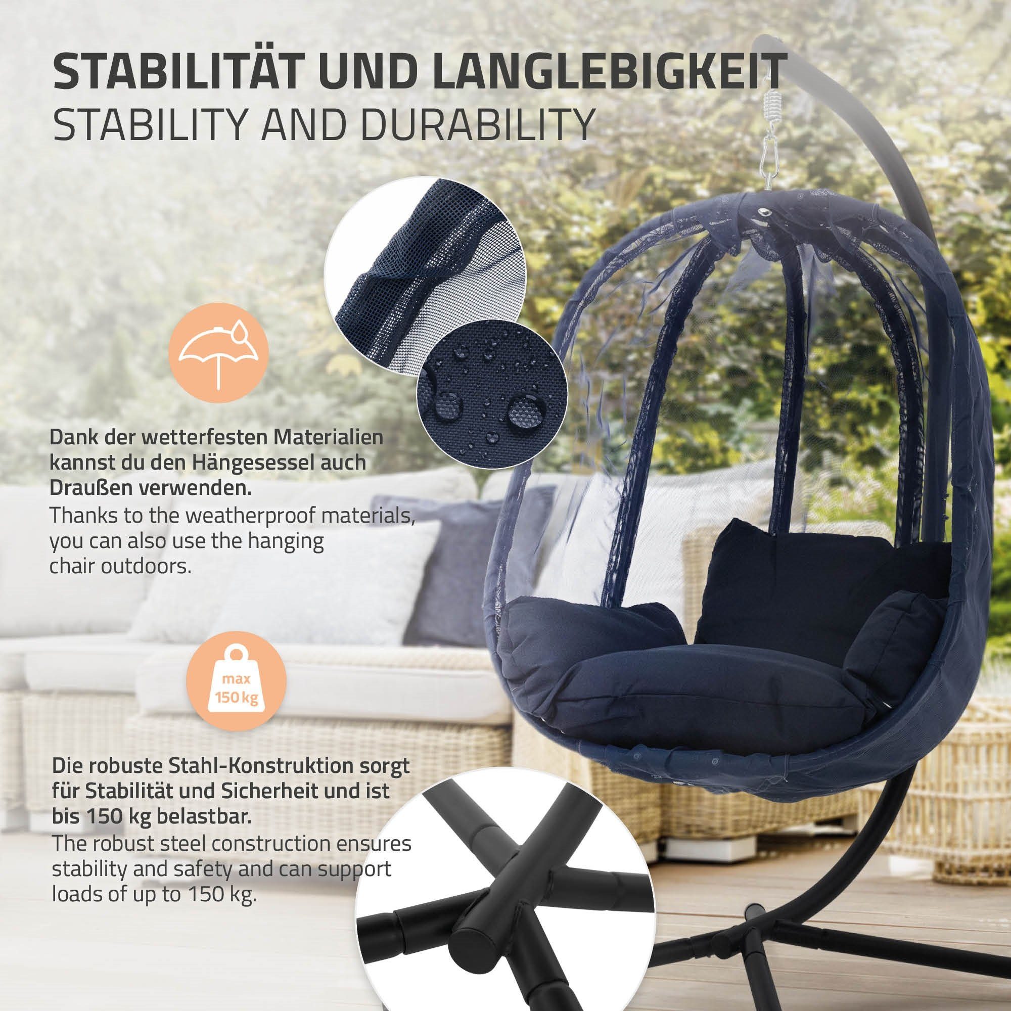 & Stahl Hängestuhl Balkon Gestell Indoor Outdoor ML-DESIGN Garten Basis Navyblau X-förmige Hängeschaukel, Hängekorb Hängesessel & mit 177cm