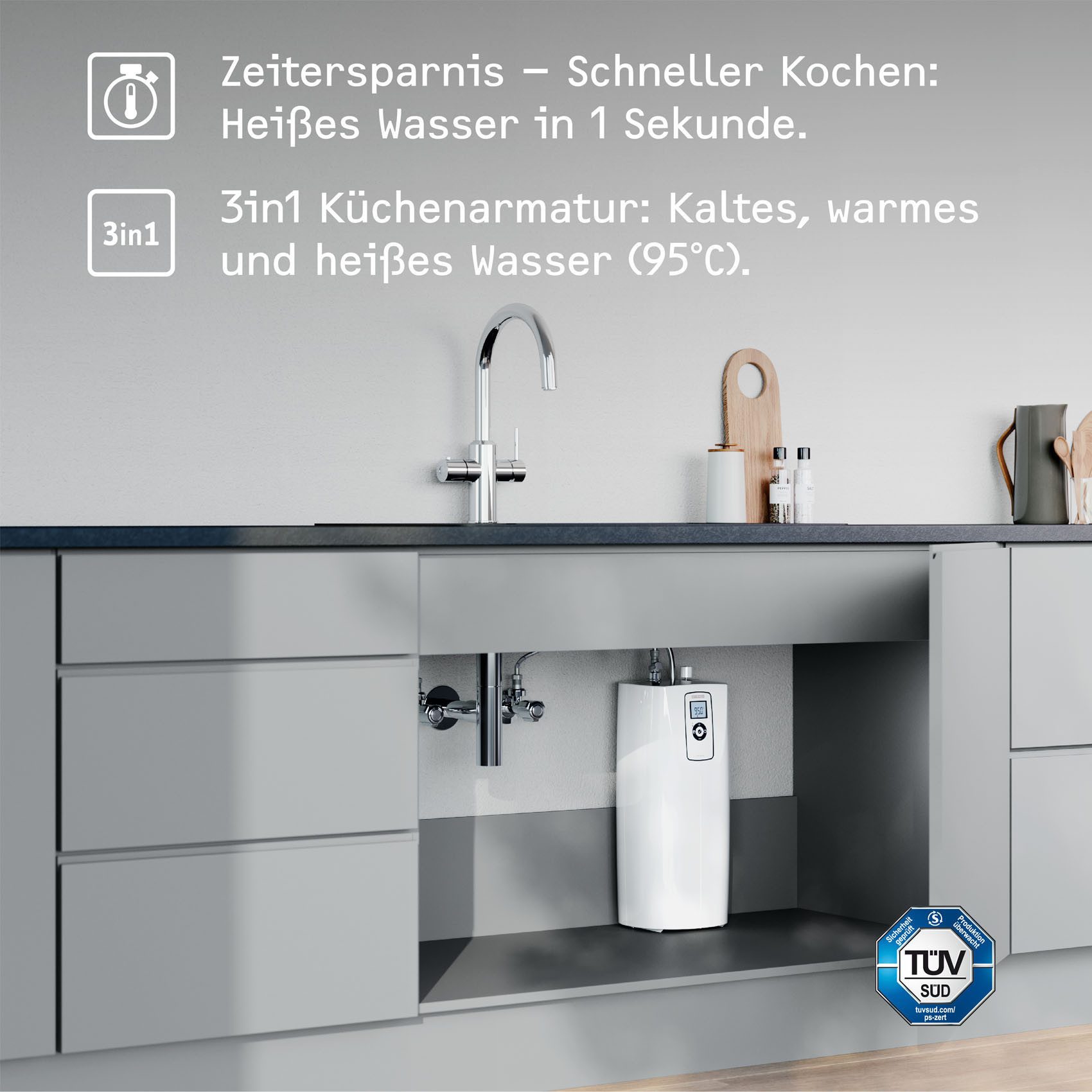 STIEBEL ELTRON Untertisch-Trinkwassersystem Kochendwassergerät HOT 2.6 N Premium + 3in1 b gebürstet, Niederdruck-Anschluss, für kochendes Wasser, Set mit Heißwassergerät und speziellem Wasserhahn für die Küche