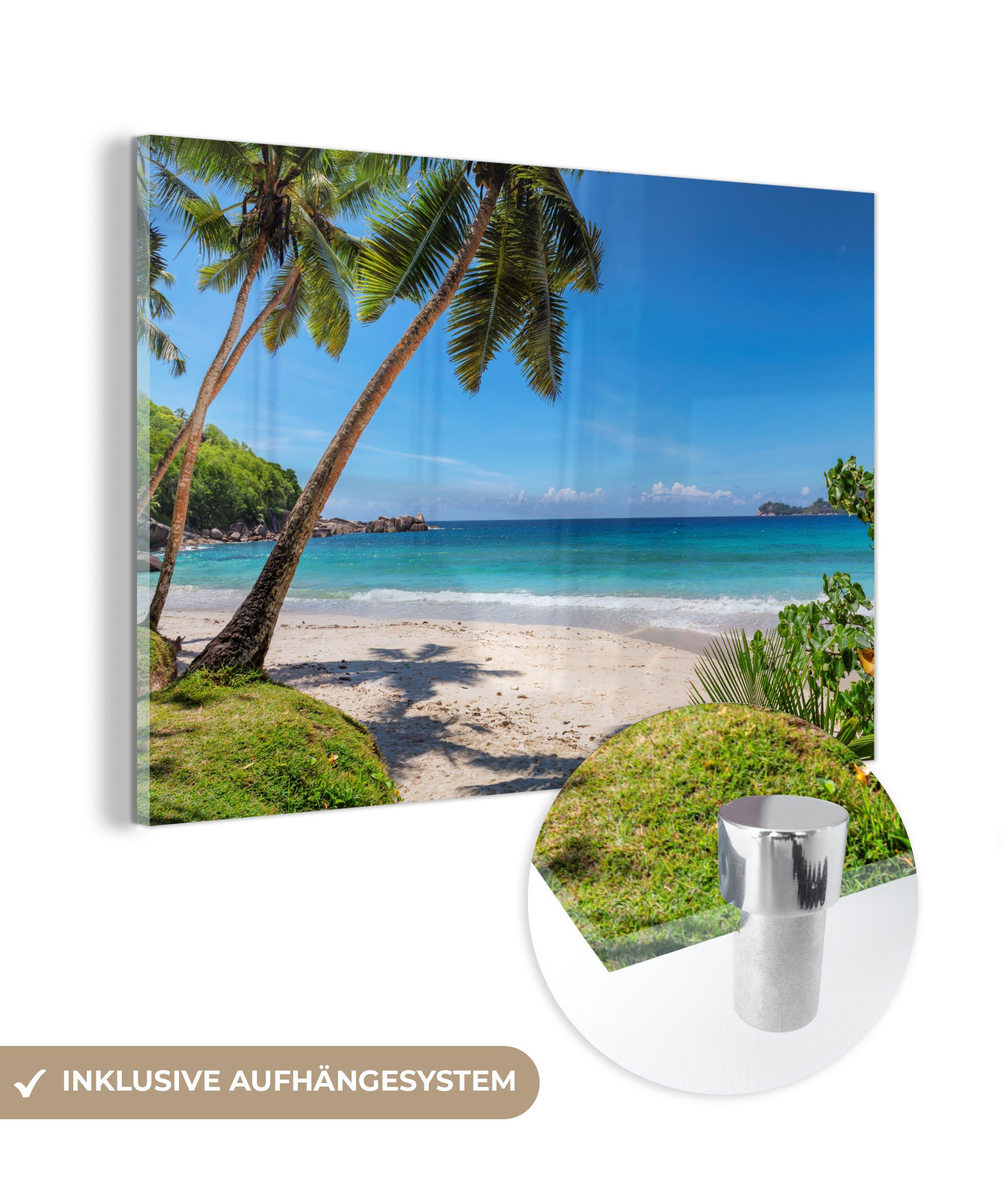 MuchoWow Acrylglasbild Strand - Meer - Palmen - Sonne, (1 St), Glasbilder - Bilder auf Glas Wandbild - Foto auf Glas - Wanddekoration