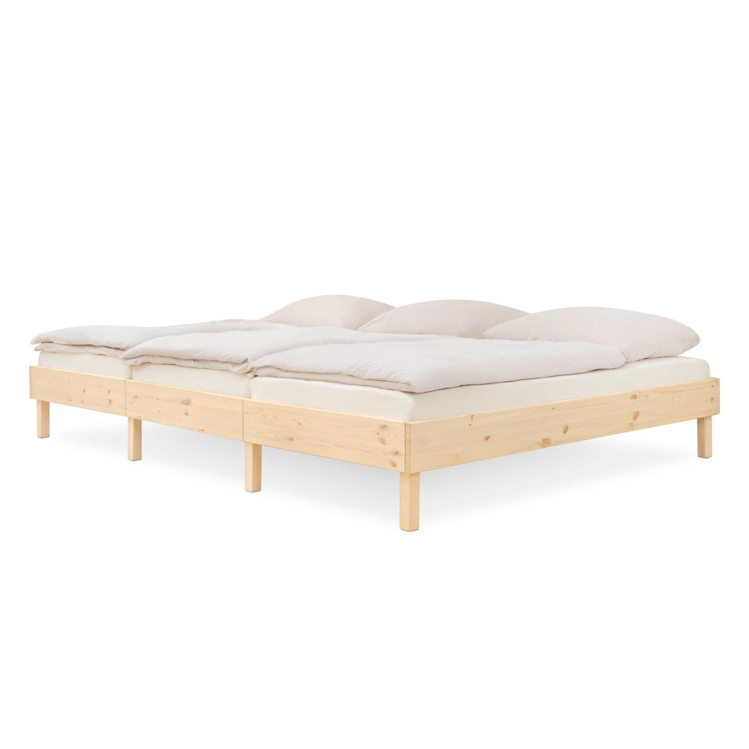 Ehrenkind Holzbett Plano, Modulares Familienbett, FSC® Zertifiziert (Familienbett, 270x200 cm, Kiefernholz naturbelassen, modular erweiterbar mit Zubehör und weiteren Plano Betten), 2‑in‑1 Höhe (Bodenbett oder Standard)