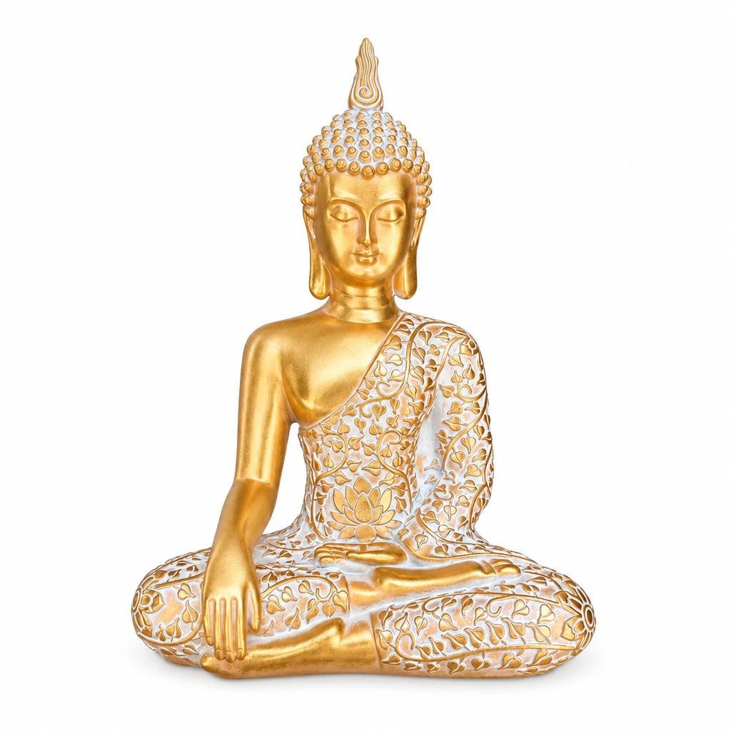 Kamelio Buddhafigur Buddha Figur sitzend 30cm Gold mit weiß Deko-Figur