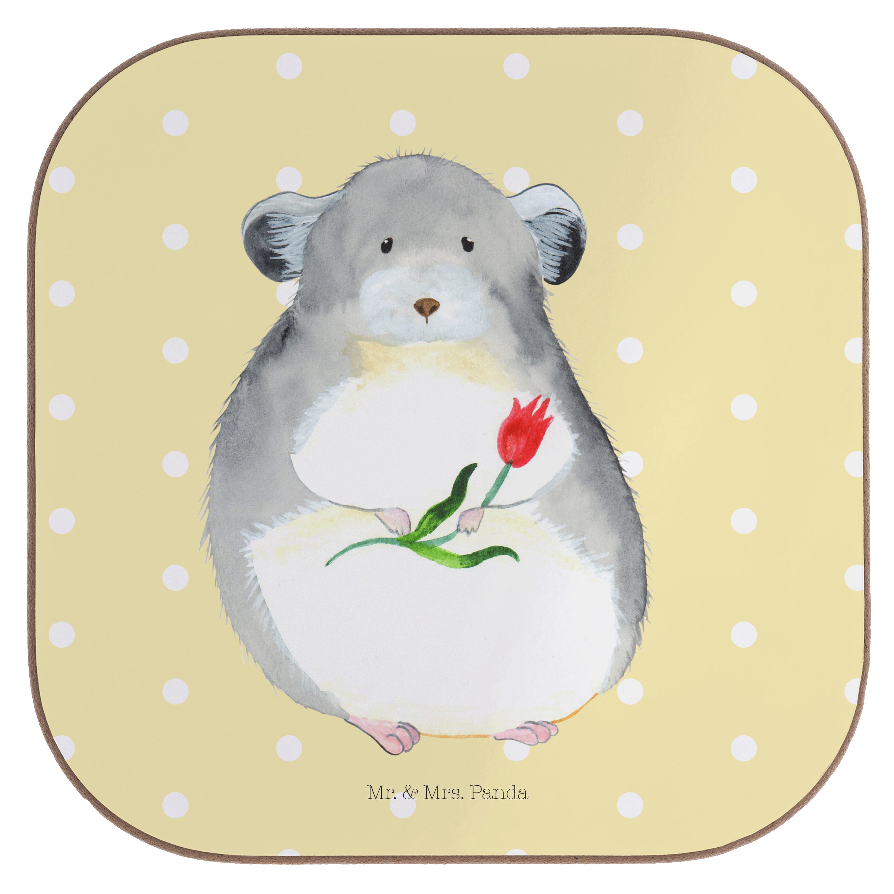 Mr. & Mrs. Panda Getränkeuntersetzer Chinchilla mit Blume - Gelb Pastell - Geschenk, Büro, Depressionen, G, 1-tlg.
