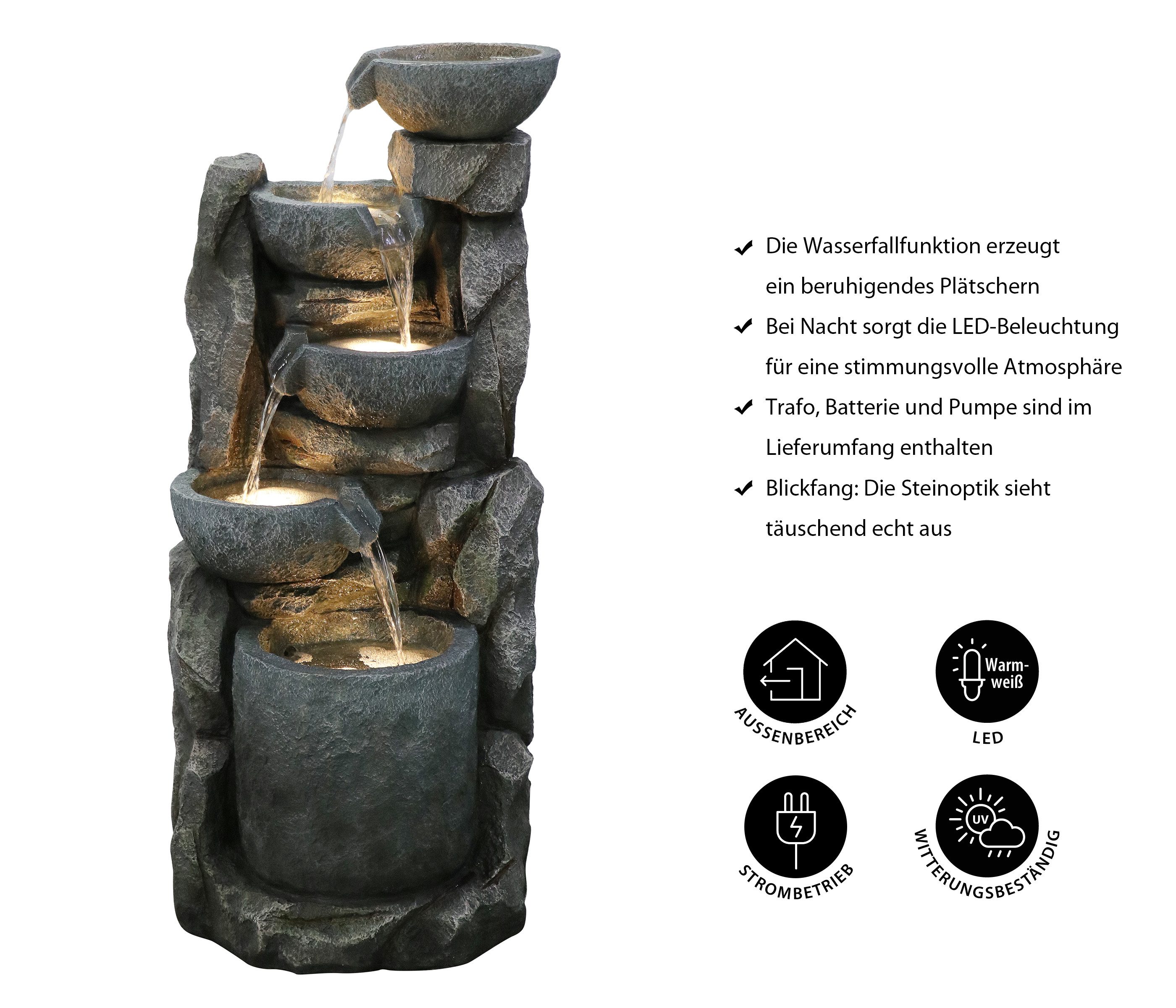 Dehner Gartenbrunnen Gresta, mit LED Beleuchtung, 40.5 x 97.5 x 40.5 cm, Polyresin, schwarz, 40,5 cm Breite, frostbeständig, solarfähiger Kaskadenbrunnen, inkl. Pumpe / Trafo