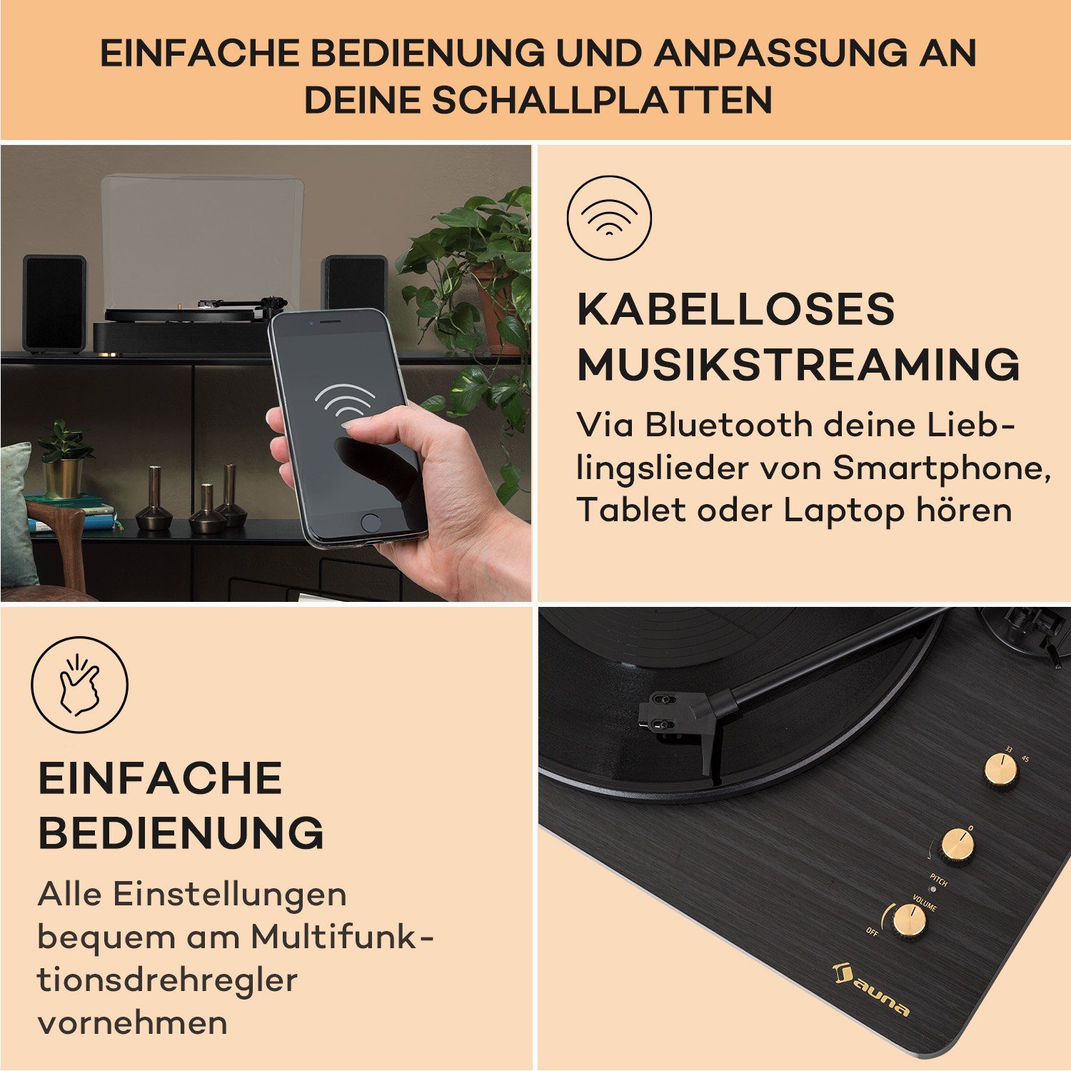 Schwarz Auna Plattenspieler Bluetooth) (Riemenantrieb, TT-Play Prime