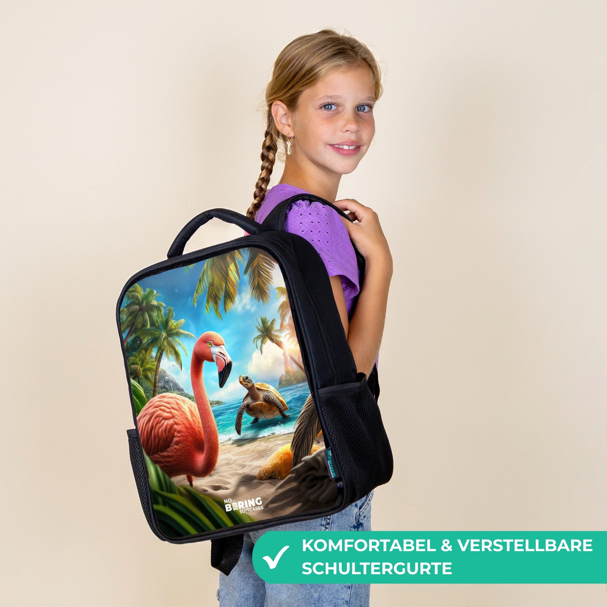 NoBoringSuitcases.com© Rucksack Flamingo und Schildkröte am tropischen Strand, Kinderrucksack Schwarz, Schulrucksack, Freizeitrucksack Jungen Mädchen