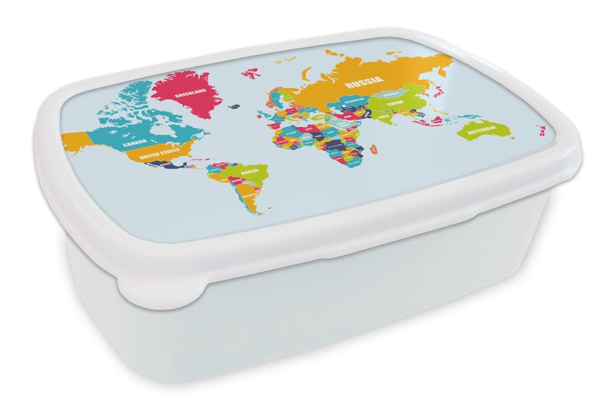 MuchoWow Lunchbox Weltkarte - Farben - Buchstaben - Kinder - Jungen - Mädchen, Kunststoff, (2-tlg), Brotbox für Kinder und Erwachsene, Brotdose, für Jungs und Mädchen weiß