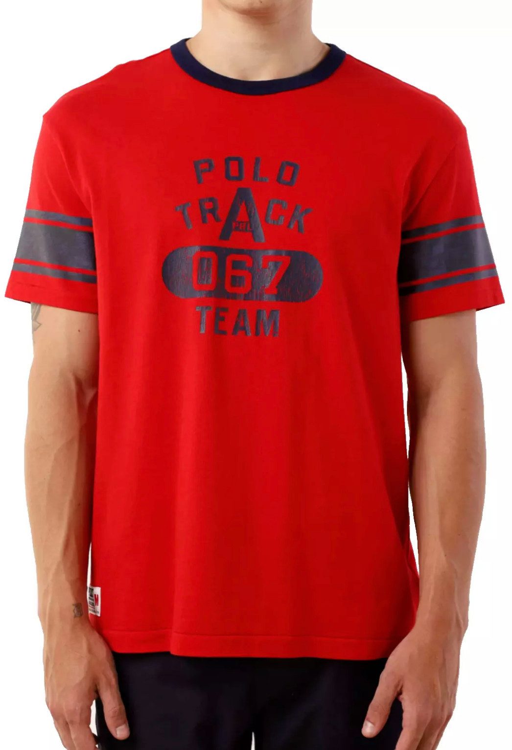 Polo Ralph Lauren T-Shirt Track Team Reines Baumwollshirt Classic Fit Rippbündchen am Ausschnitt, kontrastierende Streifen, Label-Print