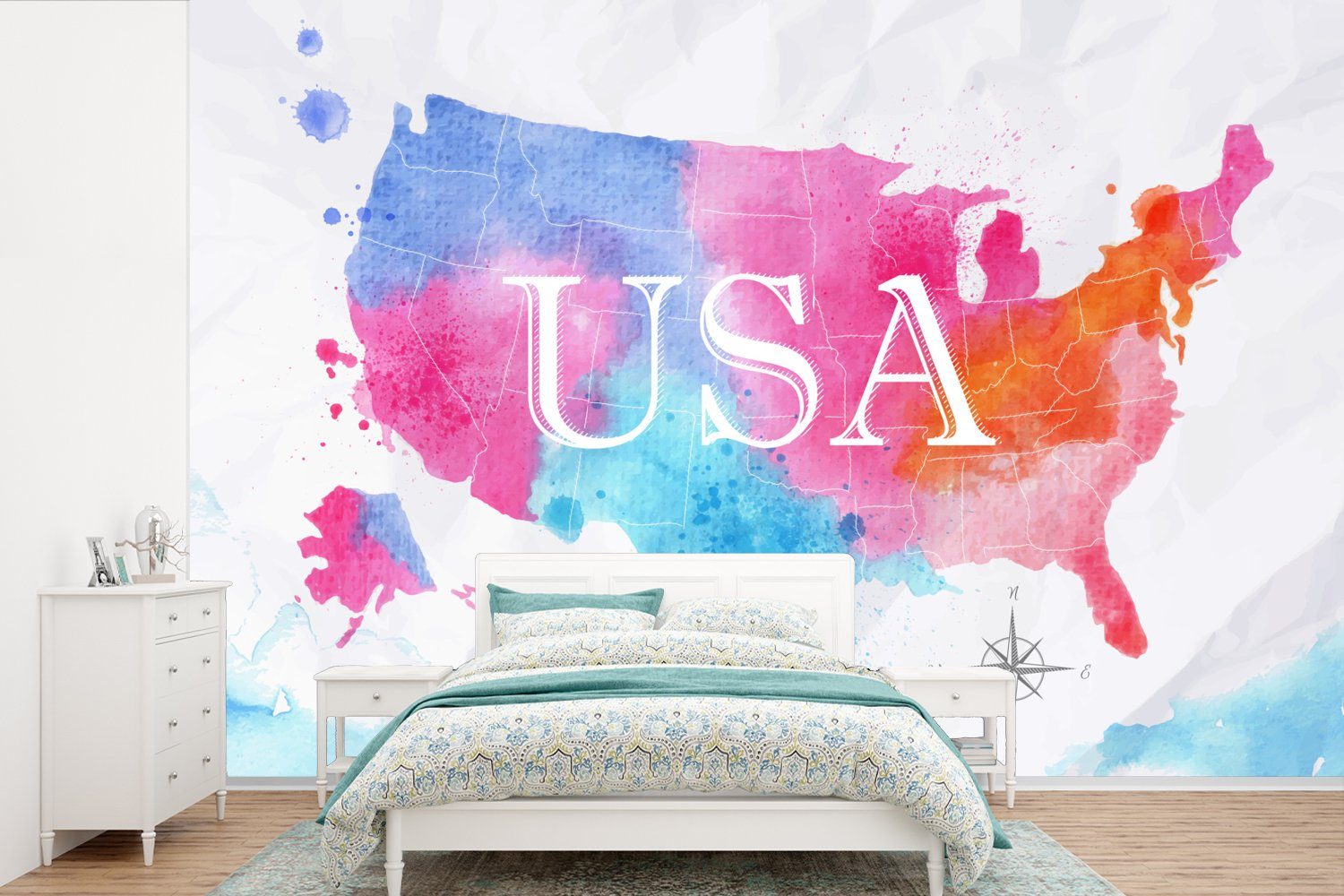 MuchoWow Fototapete Amerika - Weltkarte - Aquarell, Matt, bedruckt, (6 St), Wallpaper für Wohnzimmer, Schlafzimmer, Kinderzimmer, Vinyl Tapete