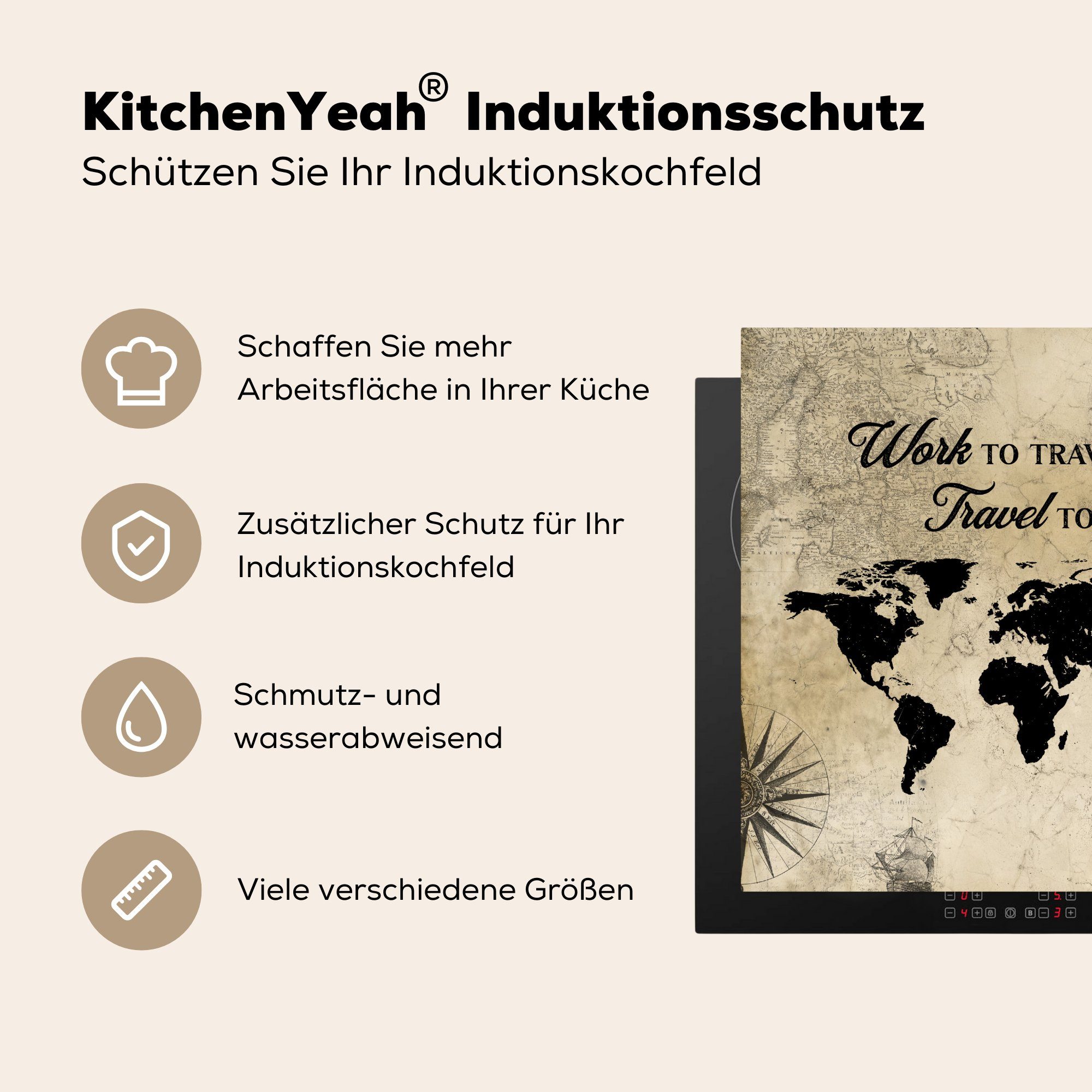 MuchoWow Herdblende-/Abdeckplatte Weltkarte - tlg), für - Arbeitsplatte Vintage, - Sprichwörter 78x78 Reisen (1 cm, Vinyl, Ceranfeldabdeckung, küche