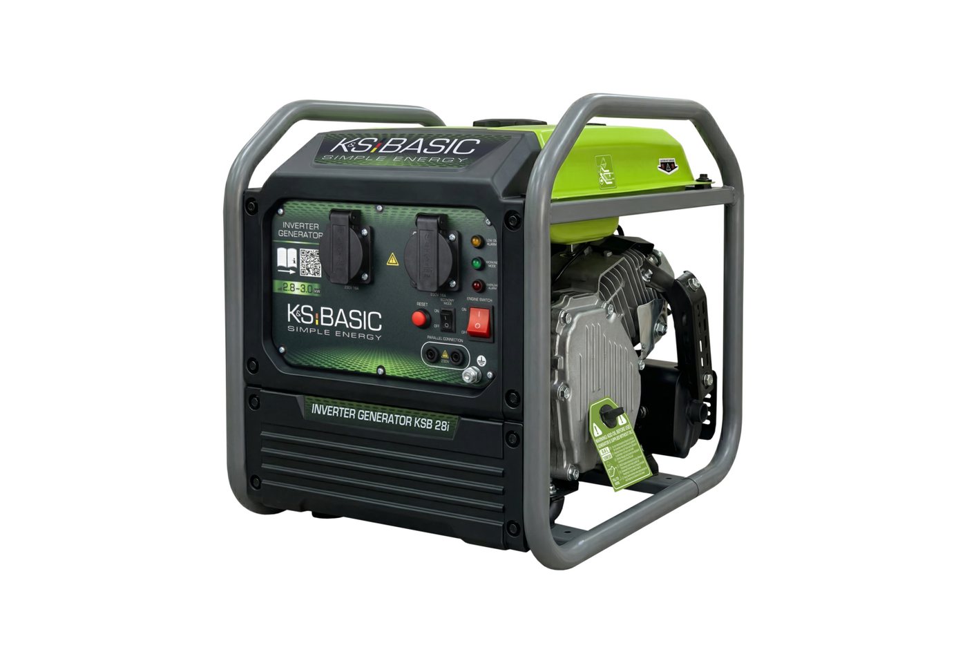 Könner & Söhnen Stromerzeuger KSB 28i, (Inverter-Stromerzeuger Set, 1-tlg., 7-tlg. mit 2x Schuko-Steckdosen, Anti-Vibrationsfüßen und Öltrichter), Kompaktes Gewicht 23 kg, sparsamer Eco-Modus & reine Sinuswelle