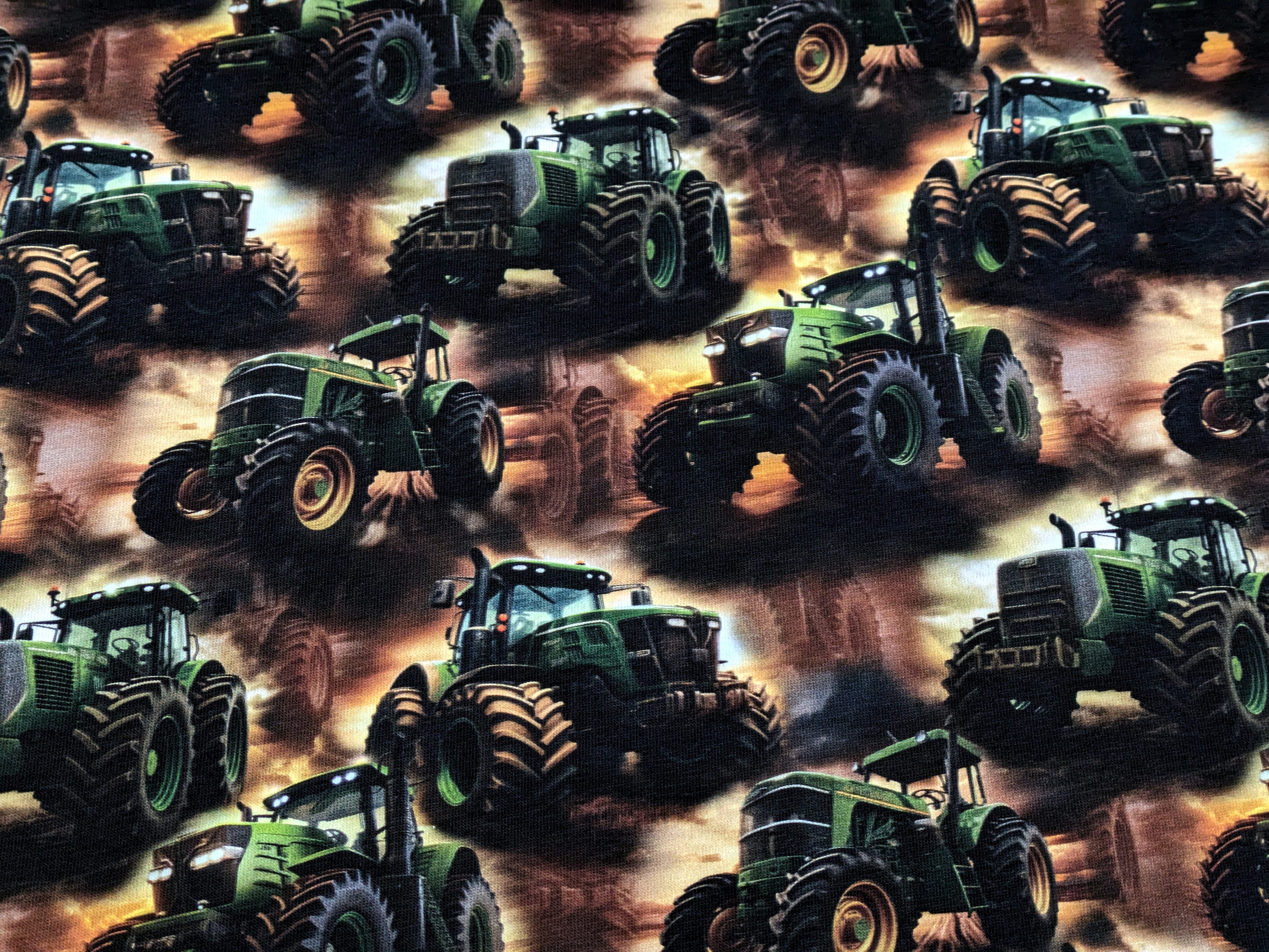 Corileo Stoff EP Bio Baumwolljersey Farm Traktor Traktoren Grün/Braun Stoff