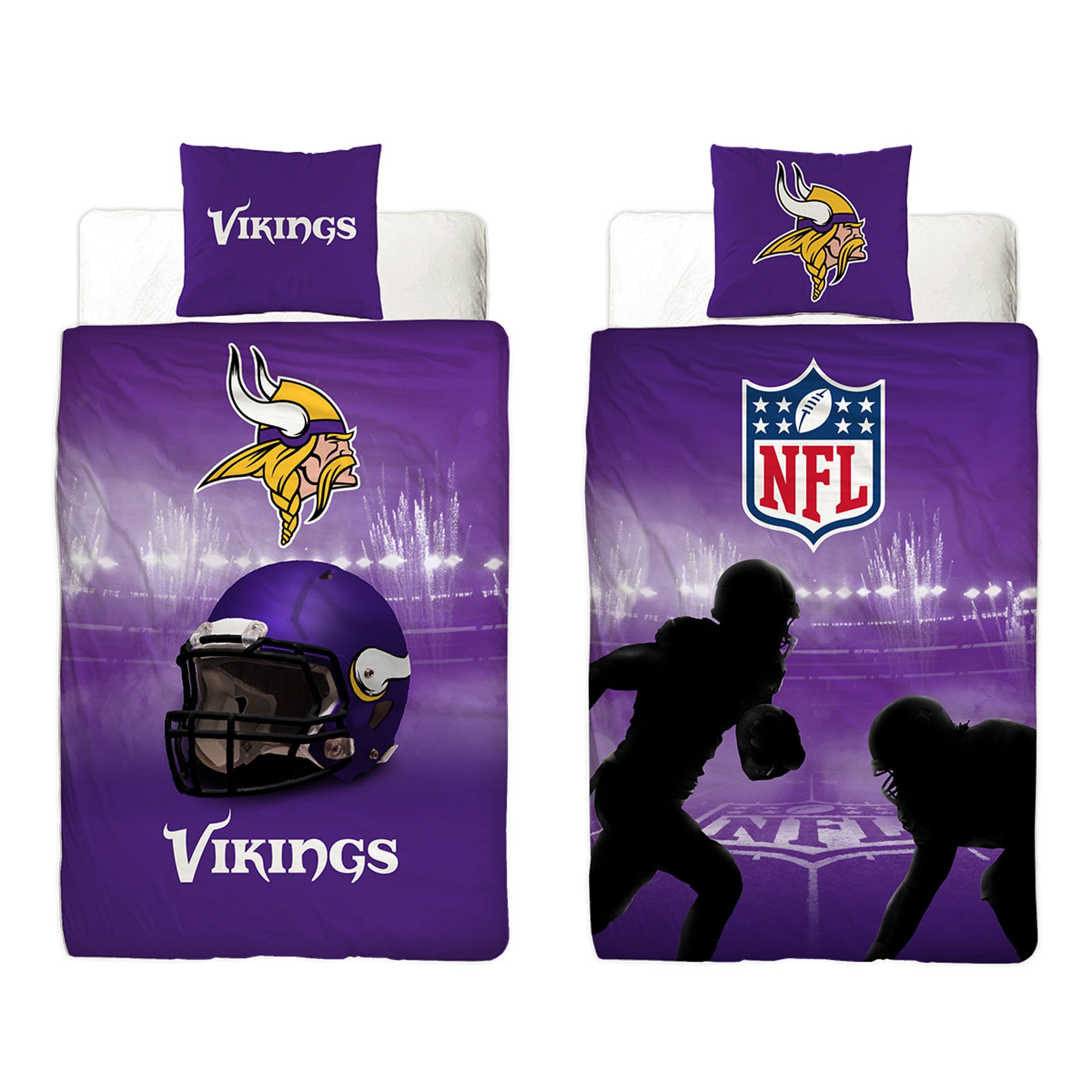 BERONAGE Wendebettwäsche NFL American Football Bettwäsche Minnesota Vikings Linon / Renforcé, 100% Baumwolle, 2 teilig, 135x200 + 80x80 cm