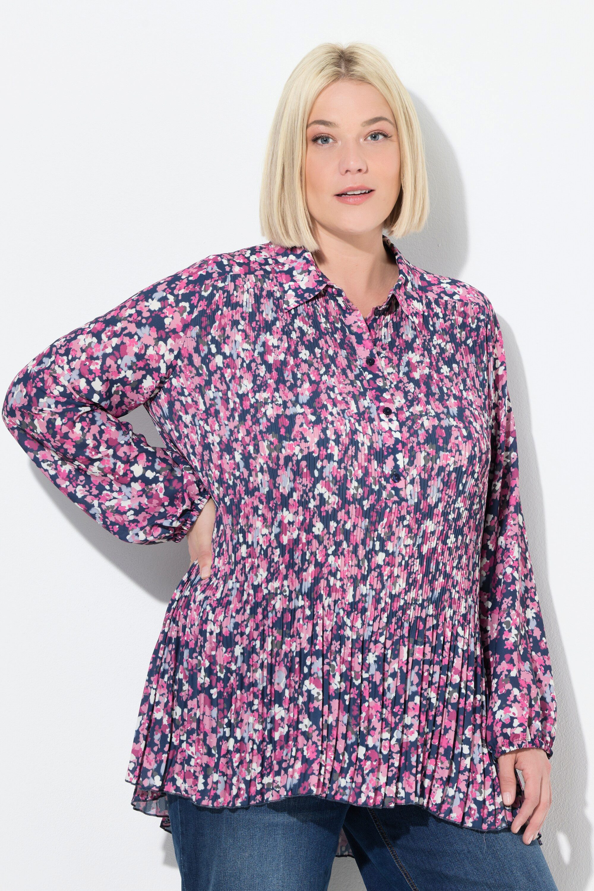Ulla Popken Longbluse Plissee-Bluse Blüten A-Linie Hemdkragen Langarm günstig online kaufen