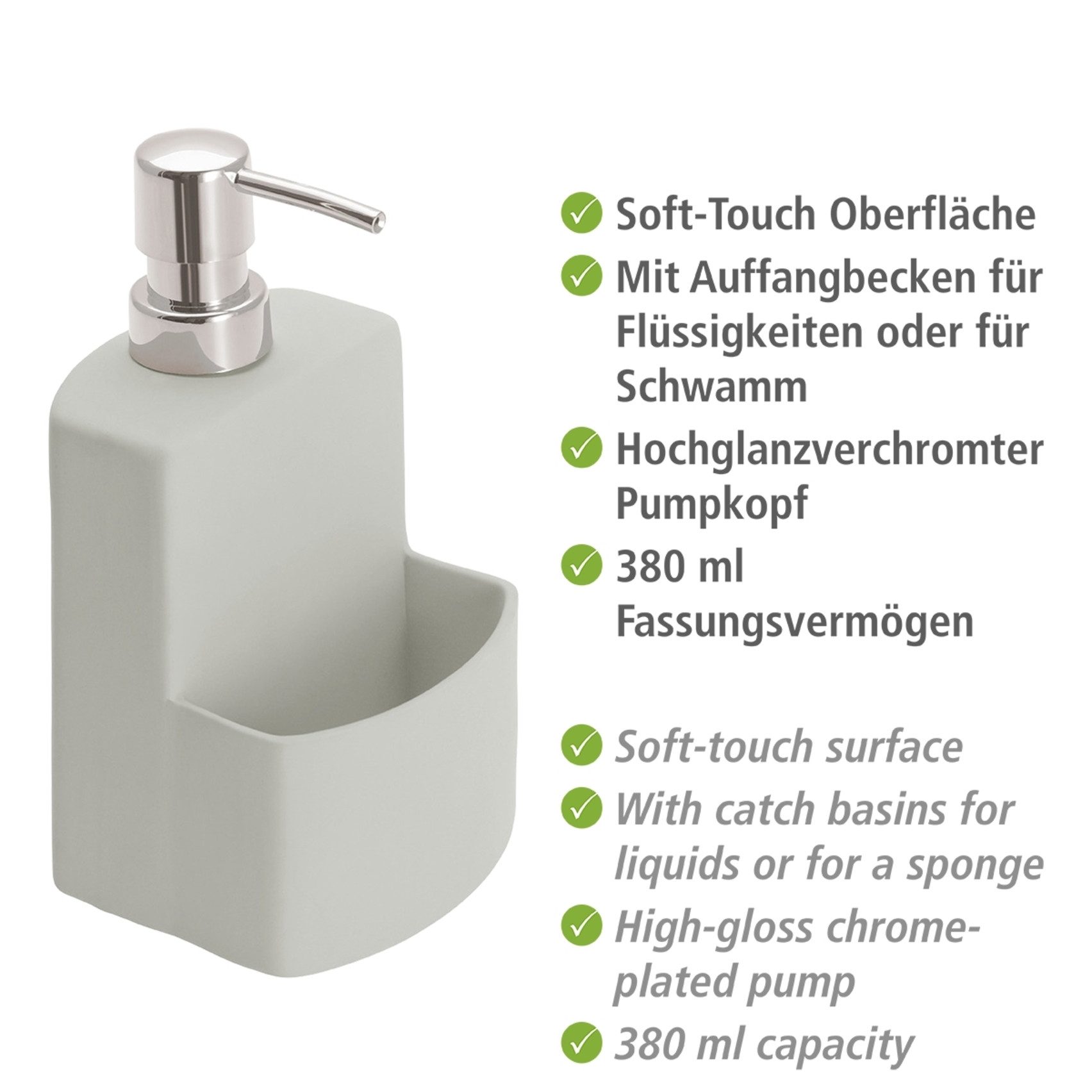 WENKO Spülmittelspender Modell Festival, aus Keramik, Soft-Touch Beschichtung, mit Spülschwamm-Fach, 380 ml