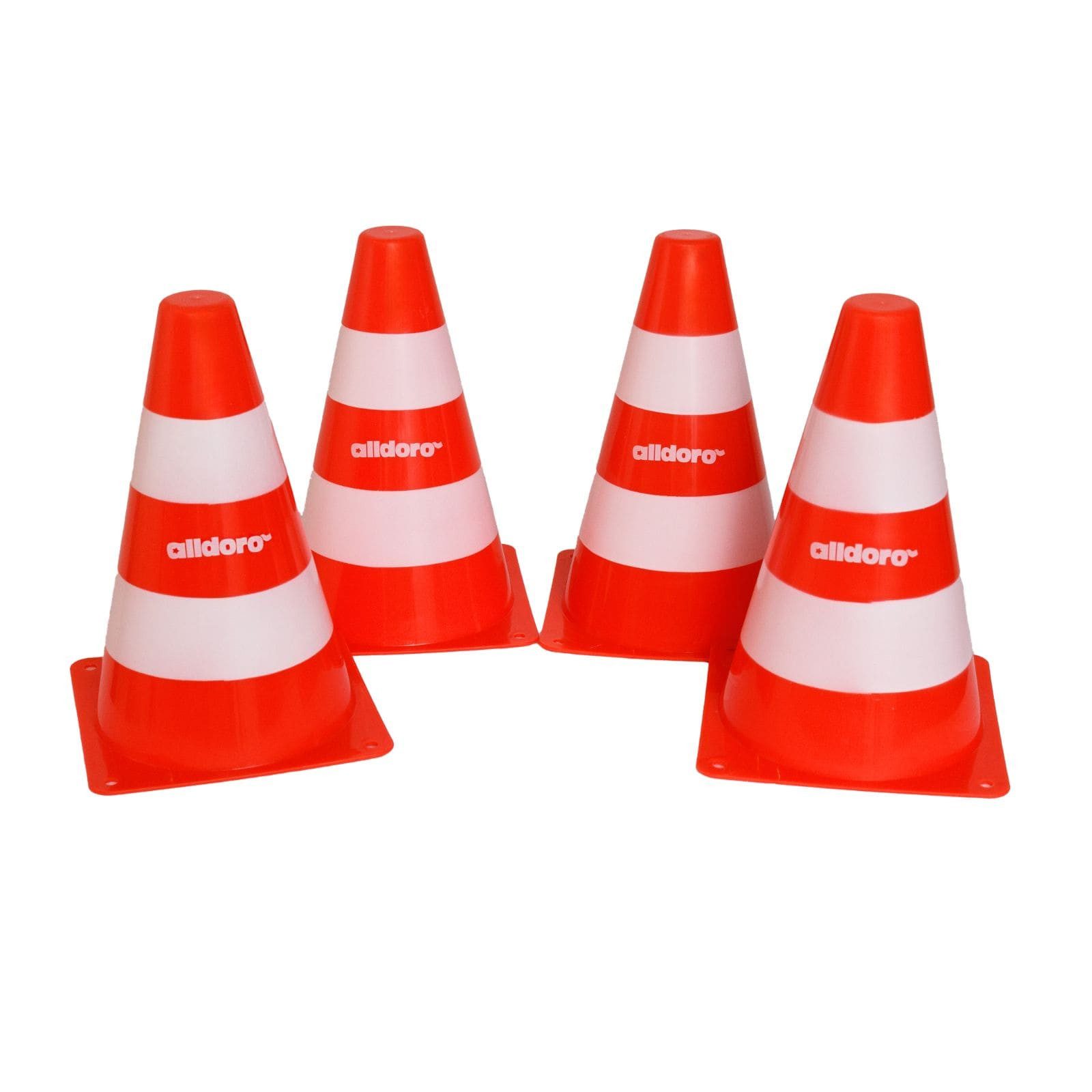 alldoro Pylonen 4er Set für Kinder, Kunststoff-Leitkegel orange-weiß, 18 cm hoch, Verkehrshütchen für Spiel, Sport, Freizeit & Verkehrserziehung