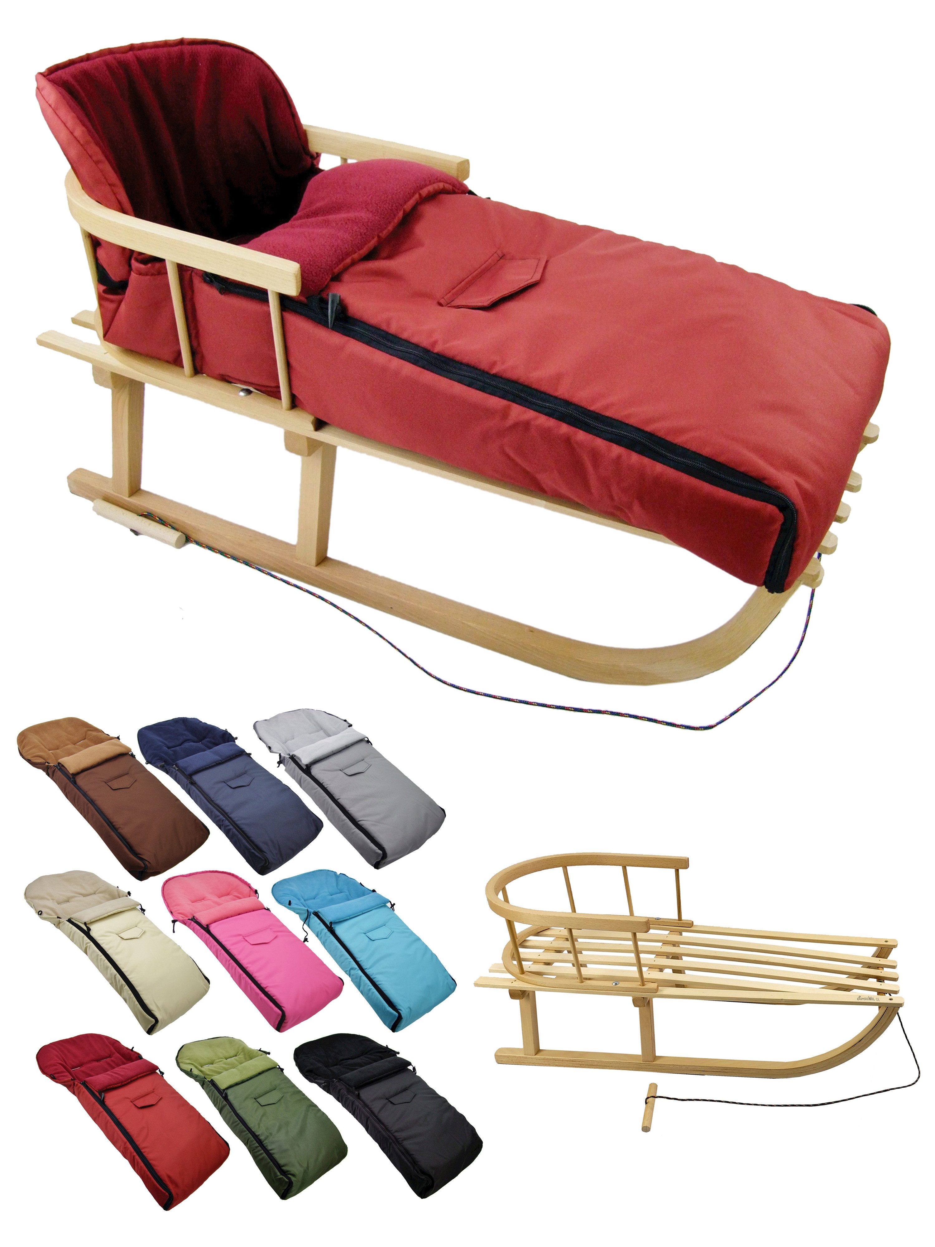 BambiniWelt by Rafael K. Davoser Schlitten CE-HOLZSCHLITTEN mit Rückenlehne Zugleine + WINTERFUßSACK Fleece 108cm