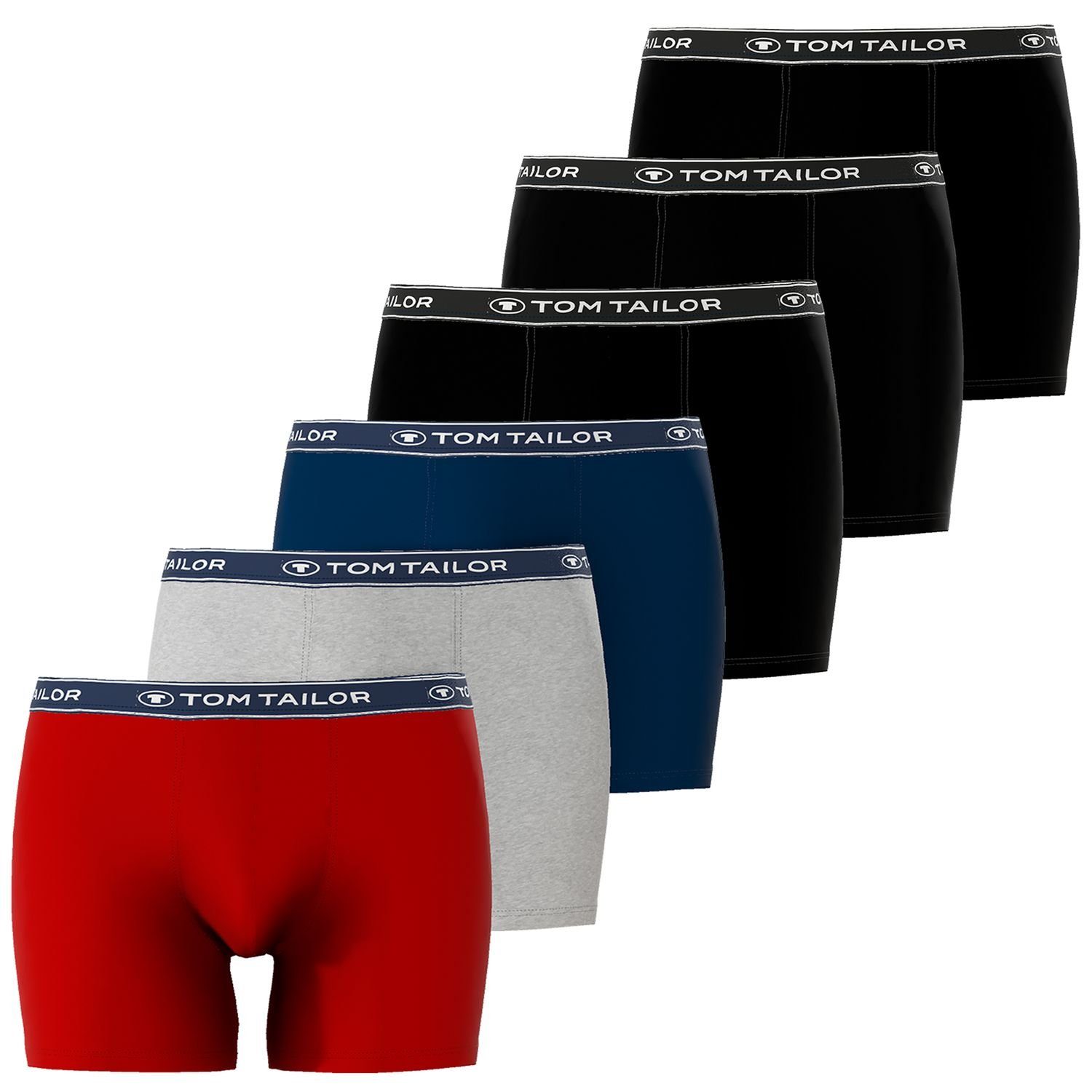 TOM TAILOR Boxershorts (6-St) mit längerem Bein, Logo-Bund, elastisch, im 6er Pack Navy / Grau / Rot / Schwarz
