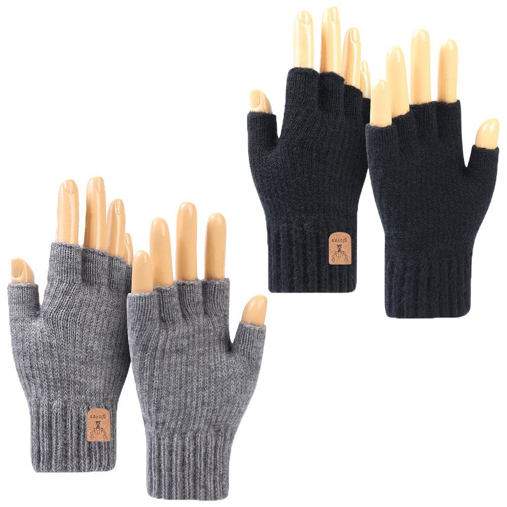 zggzerg Strickhandschuhe 2 Paar Winter Thermisch Handschuhe, weich + Schwarz Fingerlose Hellgrau Strickhandschuhe