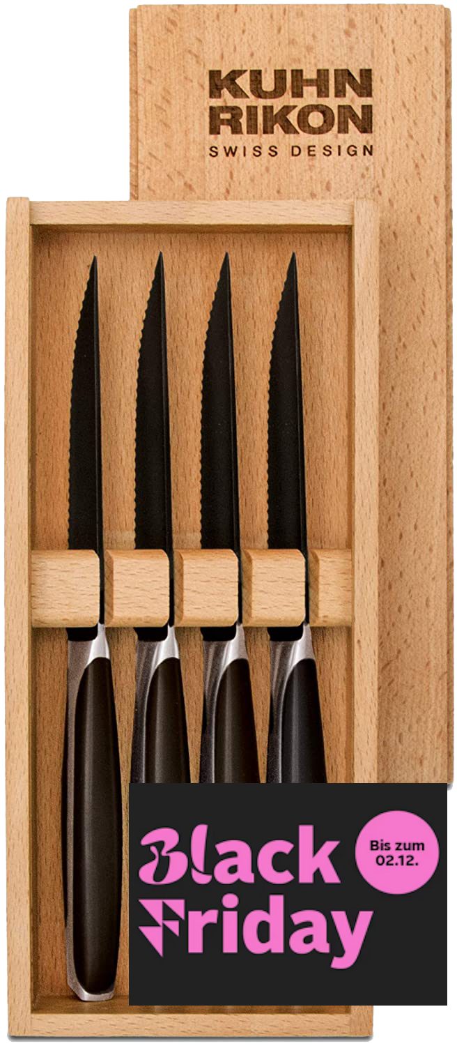 KUHN RIKON Steakbesteck BLACK FRIDAY Angebot Hochwertiges Steakbesteck Steakmesser Black Peak (4-tlg), 4 Personen, Edelstahl, japanischer Edelstahl mit Buchenholz-Box