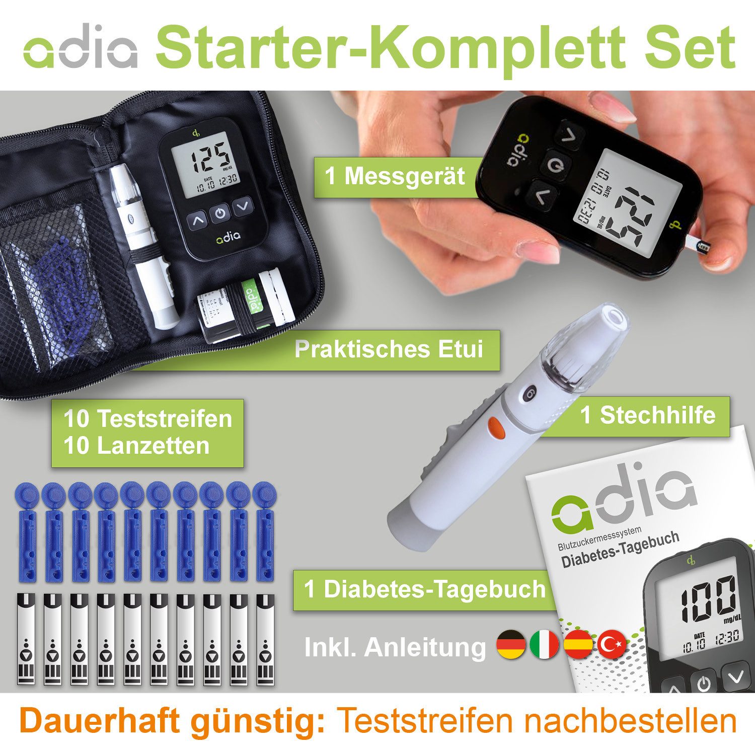 ADIA Blutzuckermessgerät adia Blutzuckermessgerät Set inkl. 10 Teststreifen, mg/dl