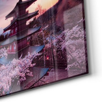 DEQORI Glasbild 'Kirschblüten Tempel Japan', 'Kirschblüten Tempel Japan', Glas Wandbild Bild schwebend modern