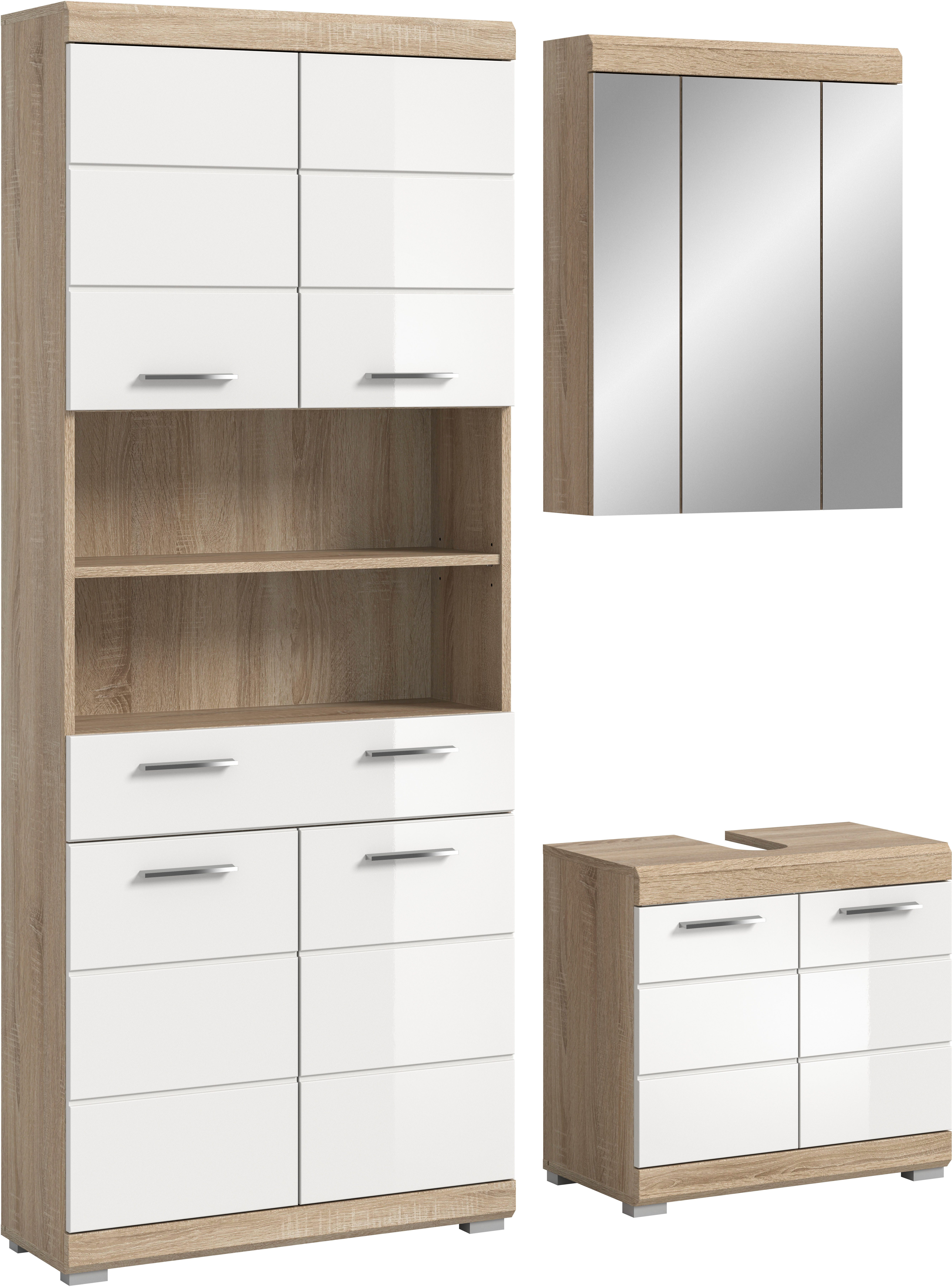 welltime Badmöbel-Set SIENA, TOPSELLER!, Breite 149cm, 3-teiliges Set, (Set, 3-St., bestehend aus: Hochschrank, Waschbeckenunterschrank & Spiegelschrank), Kombination, Badkombination, Bad-Set, Badezimmerschrank, Bad, Schrank