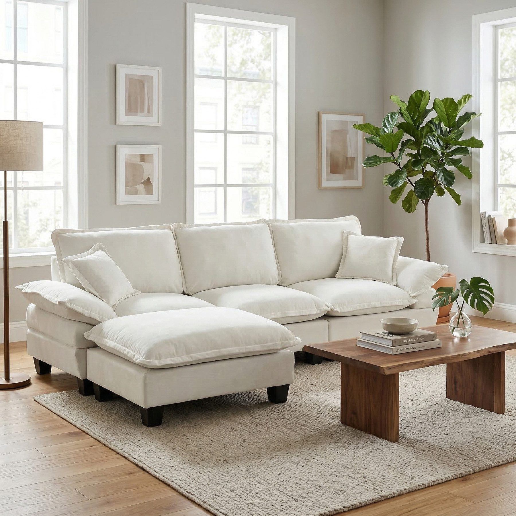 Odikalo Loungesofa Ecksofa Sofas wohnzimmer mit Schlaffunktion Fußhocker & Kissen, Modulares Ecksofa L-förmige Cloud-Couch mit Segelboot-Design inklusive 1 beweglichem Ottomane & 2 weichen Kissen komfortabler Chenille-Bezug für Wohnzimmer & Apartments