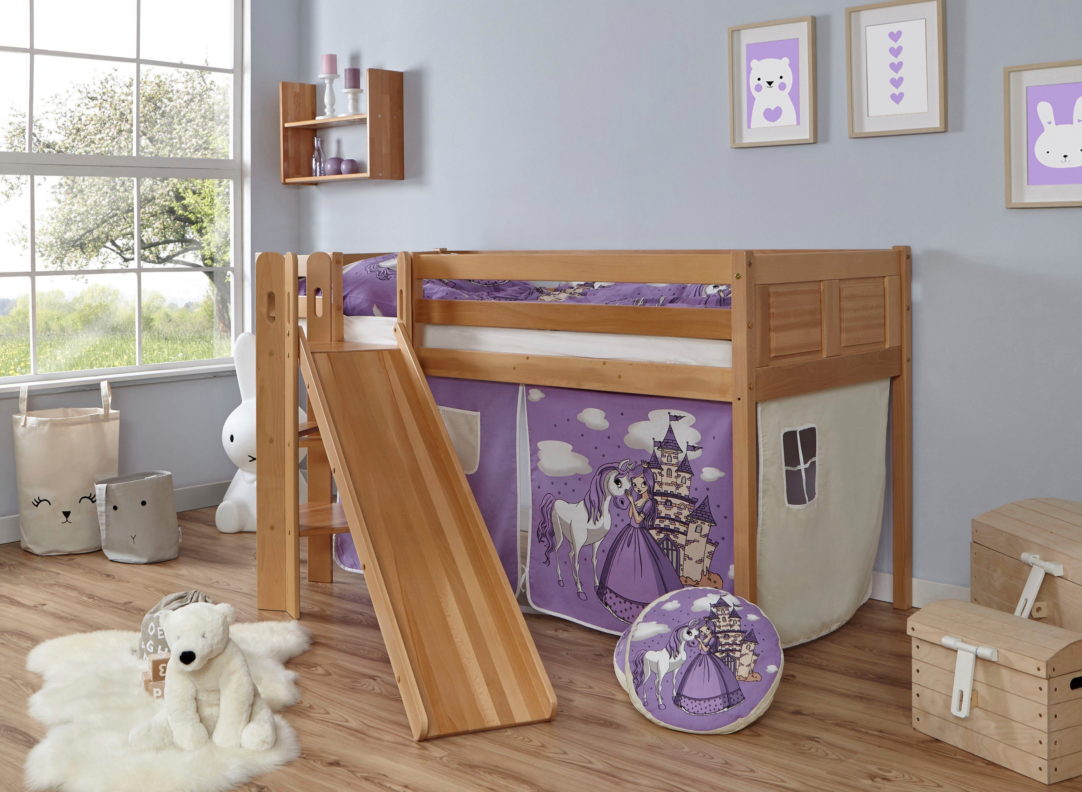 Ticaa Hochbett Ekki mit Rollrost und Textil-Set wahlweise mit Matratze, Buche