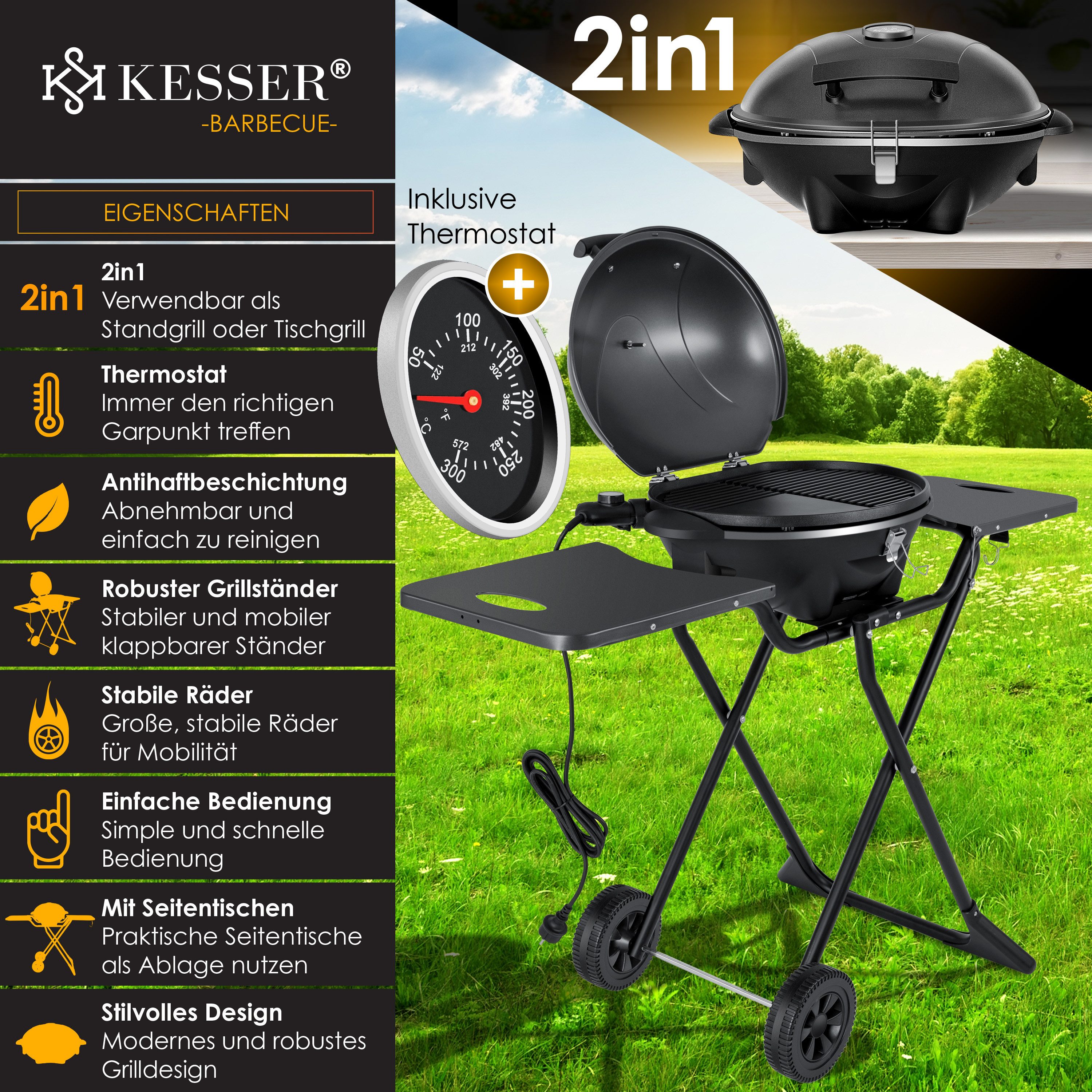 KESSER Elektro-Standgrill, elektrischer Elektrogrill 2in1 Tischgrill Standgrill Deckel