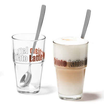 LEONARDO Latte-Macchiato-Glas Set 4tlg. Latte Macchiatobecher mit Löffeln Solo, Materialmix, formstabil