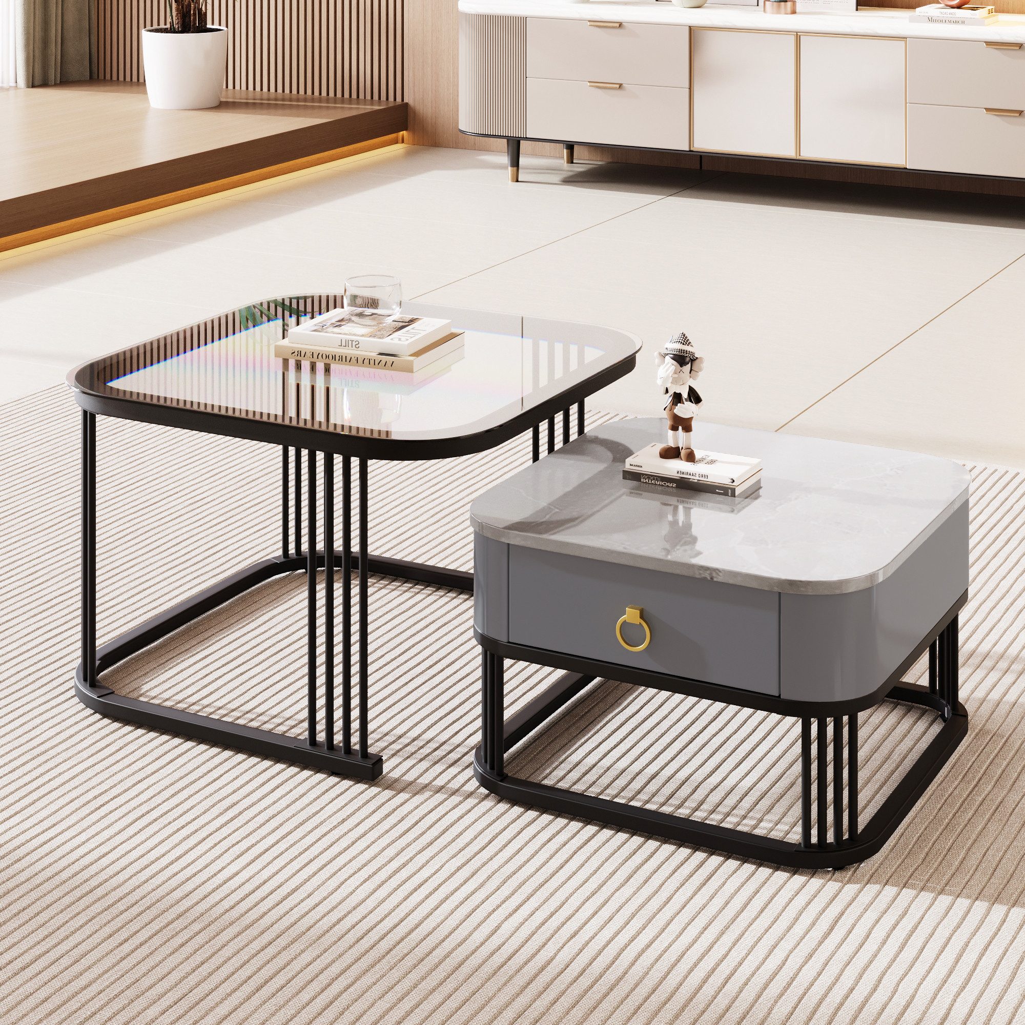Merax Couchtisch Set Marmoroptik mit Schublade, günstig online kaufen
