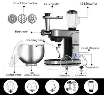 HOMELUX Küchenmaschine Knetmaschine, Teigmaschine,6 Geschwindigkeiten mit Edelstahlschüssel, 2500,00 W, 12,00 l Schüssel, inkl 6-Teiligem Patisserie-Set und Spritzschutz