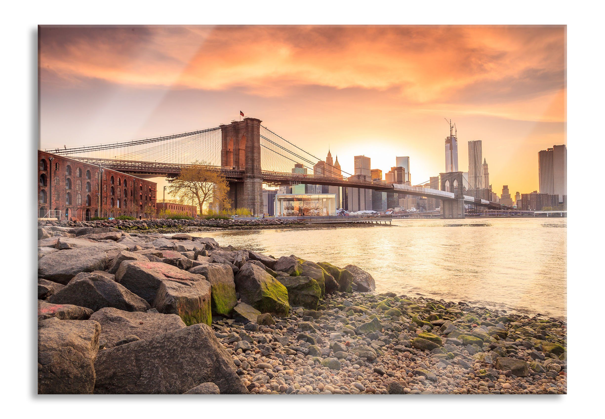 Pixxprint Glasbild (1 aus Brooklyn St), Sonnenuntergang, Sonnenuntergang Bridge Brooklyn inkl. Echtglas, Bridge und Glasbild Abstandshalter Aufhängungen