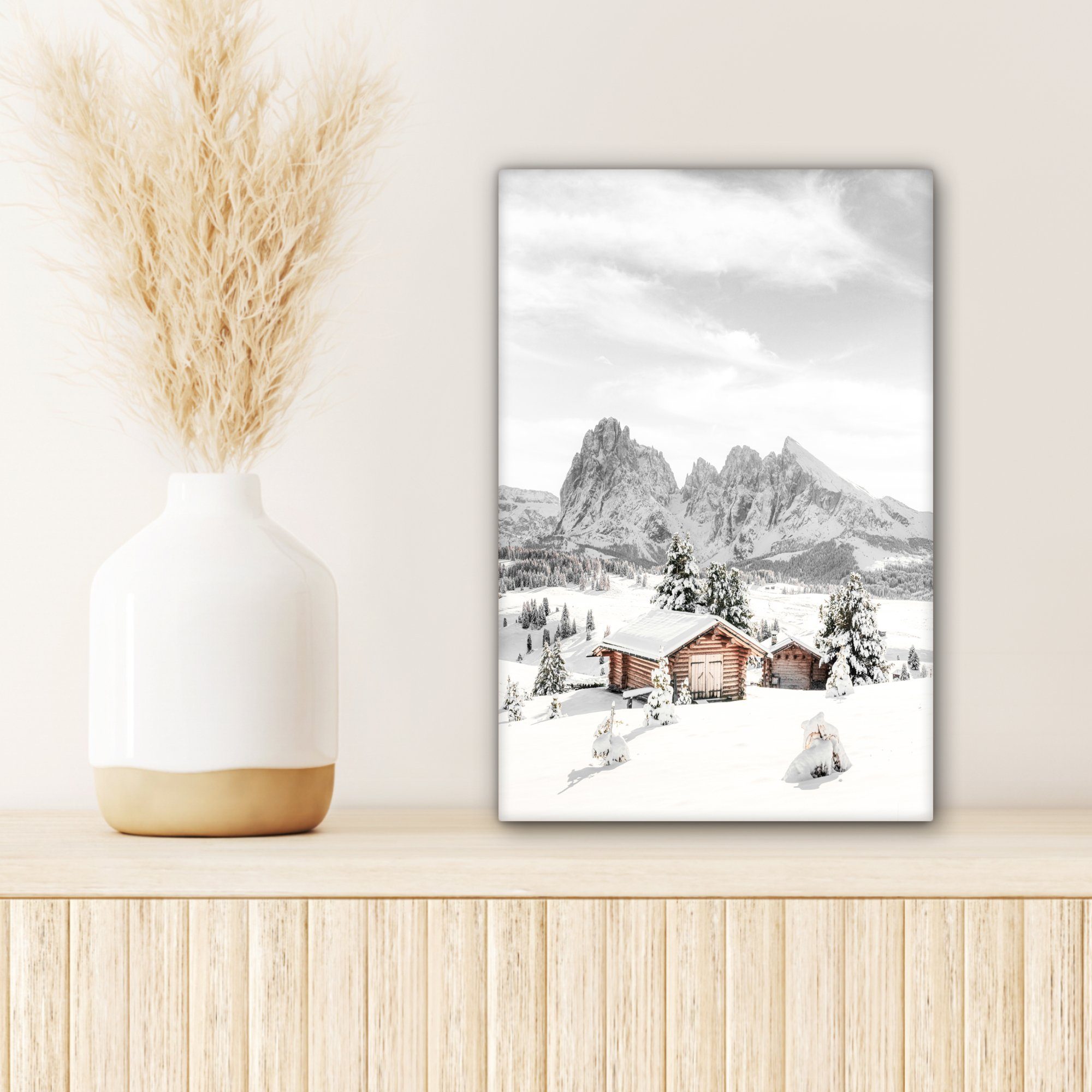 Leinwandbild Winter Landschaft Gemälde, Berge inkl. OneMillionCanvasses® bespannt St), - fertig Zackenaufhänger, cm (1 Schnee, - - 20x30 Leinwandbild