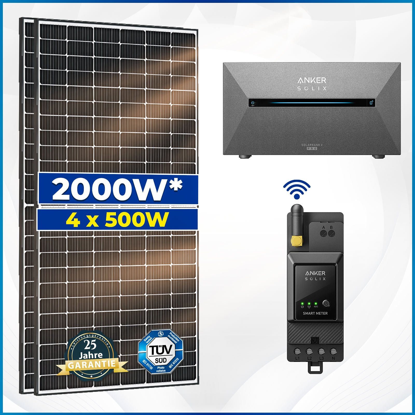 SOLAR-HOOK etm 2000W/800W Balkonkraftwerk mit Speicher Komplett Set Solar Panel, mit 800W integrietem Wechselrichter und Anker SOLIX Smarter Zähler