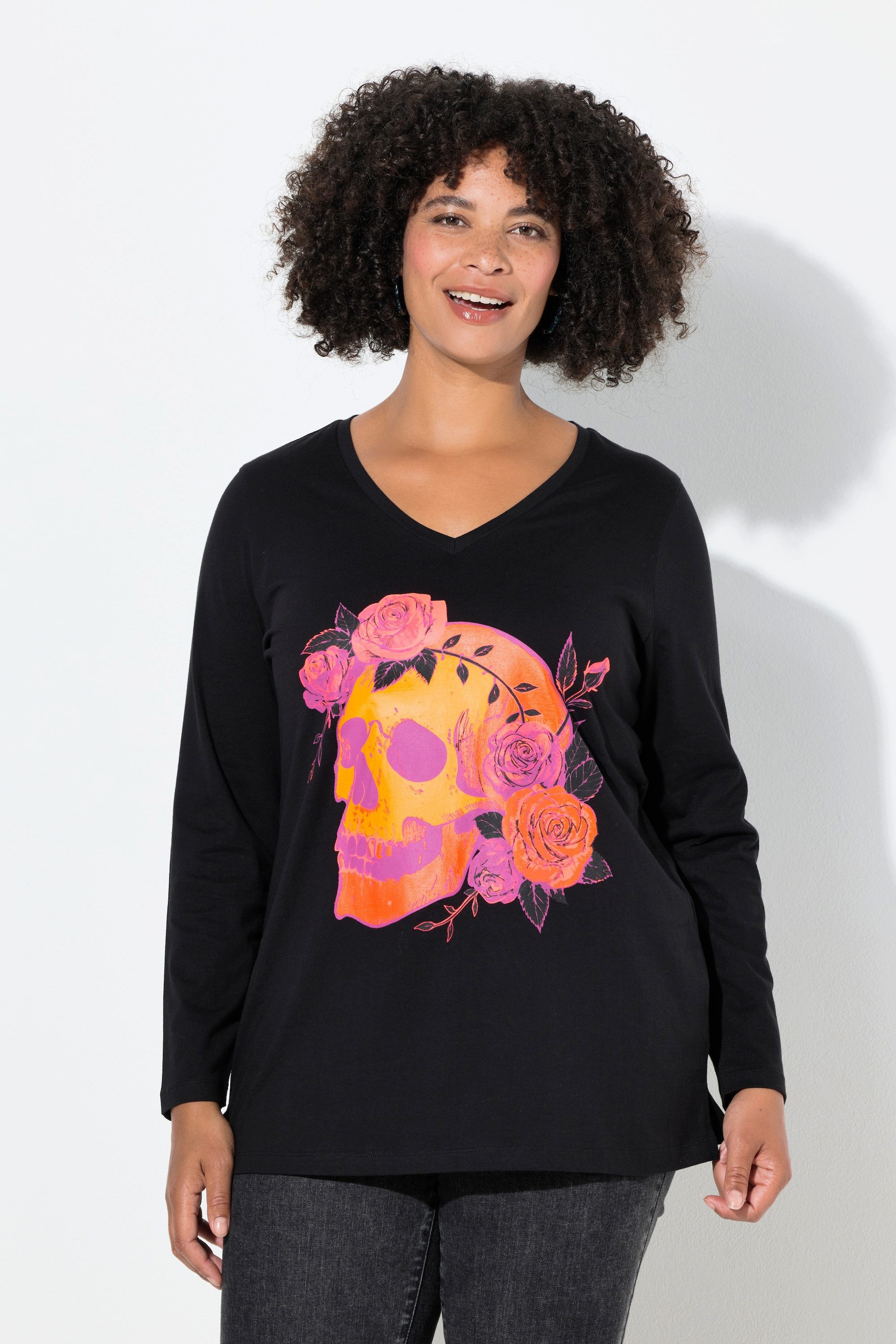 T-Shirt T-Shirt Totenkopf mit Rosen Langarm