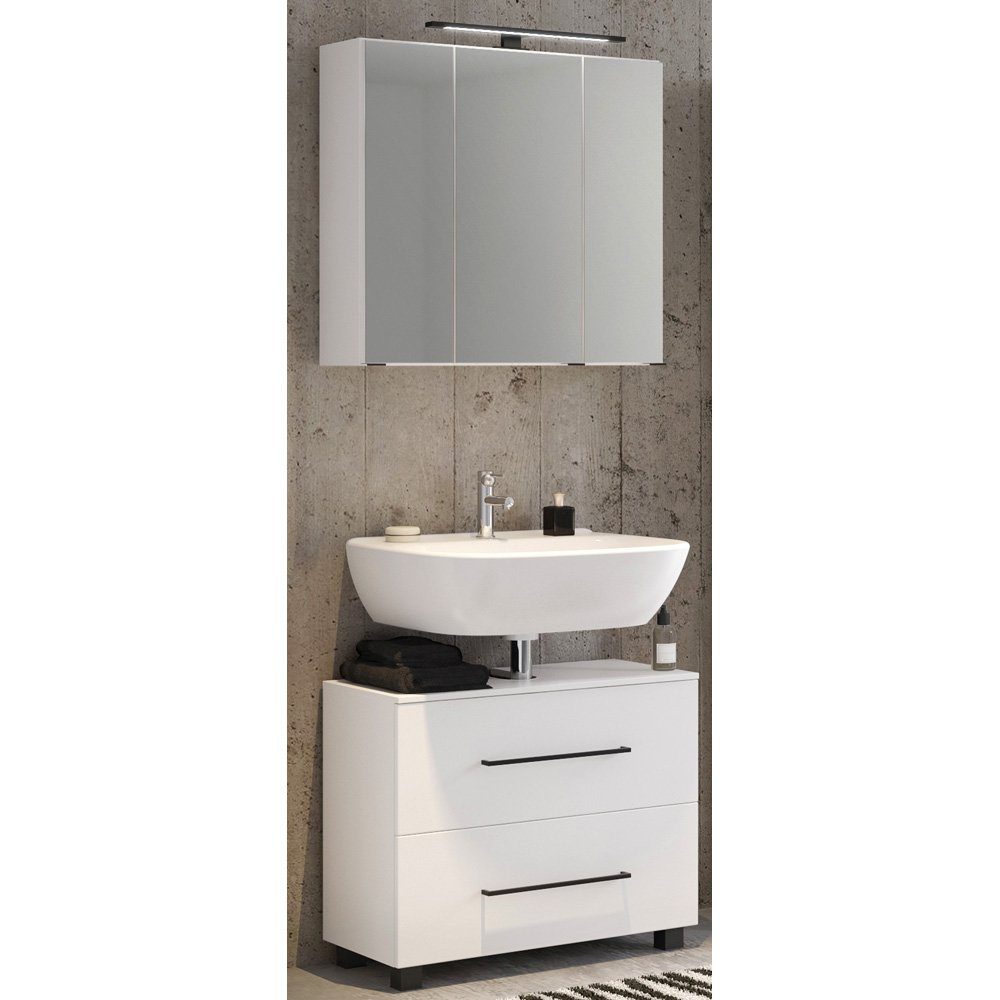 Lomadox Waschtisch-Set MANLY-03, (Spar-Set, 2-St., 2-tlg), Badezimmer Waschplatz Set 70 cm in weiß inkl. LED Spiegelschrank