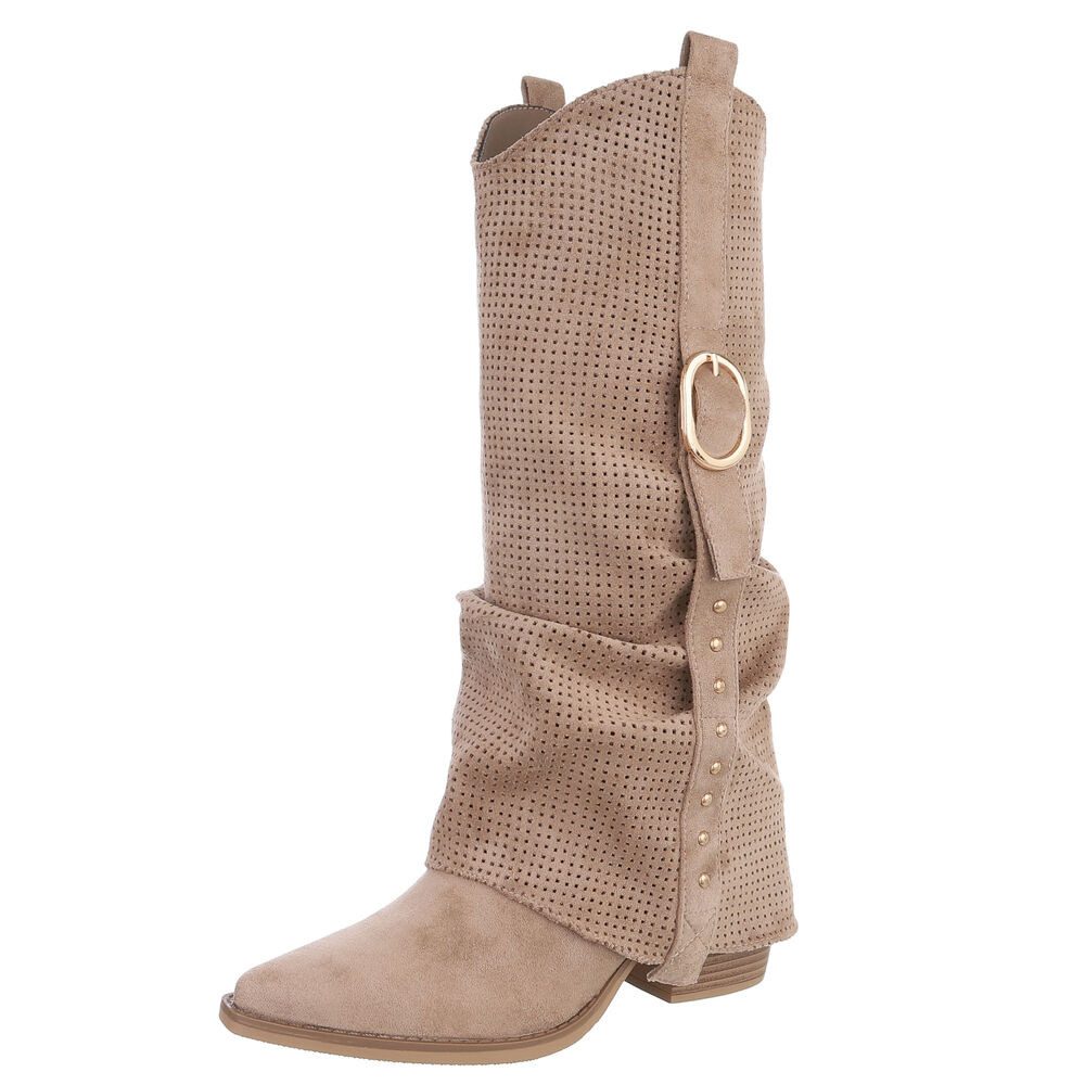 Ital-Design Moderne Stiefel mit perforiertem Design und goldenen Details Westernstiefel (91154650) Blockabsatz Stiefel in Hellbraun