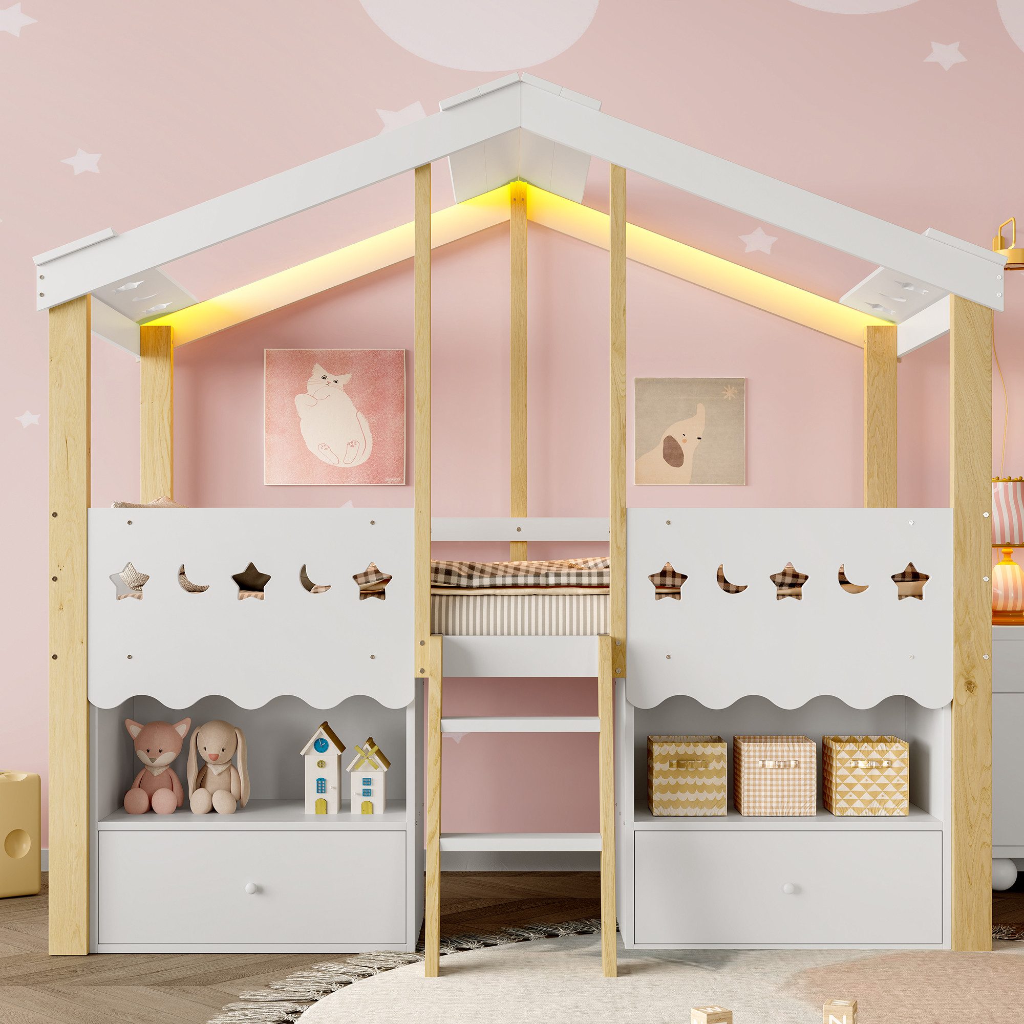 Ulife Kinderbett Halbhohes Bett Hausbett mit App-gesteuerter LED-Beleuchtung (Ohne Matratze), Hochbett in Hausform, mit 2 Schubladen