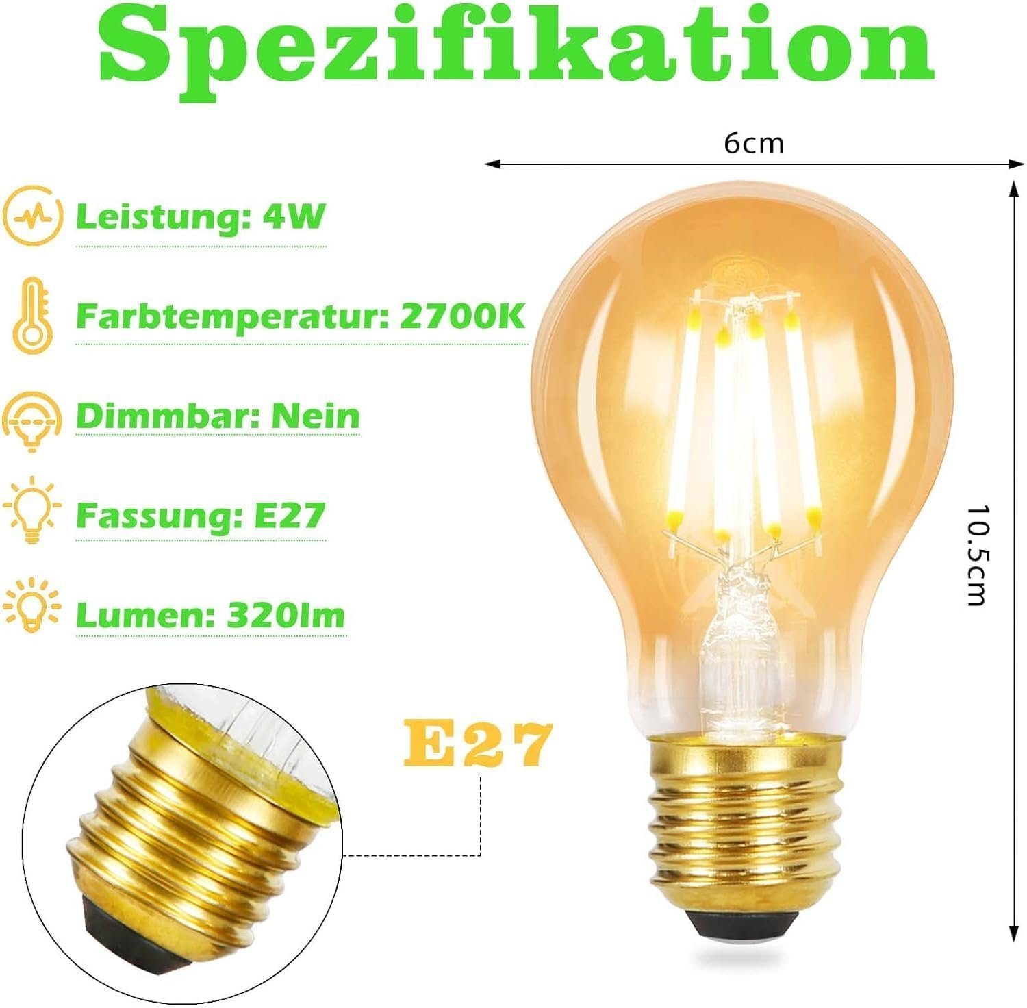 E27, Warmweiß, LED-Leuchtmittel Bar Edison 2700K Haus St., Café für 4W Energiesparlampe, A60 Hotel E27 Vintage Glühbirne 6 Nettlife