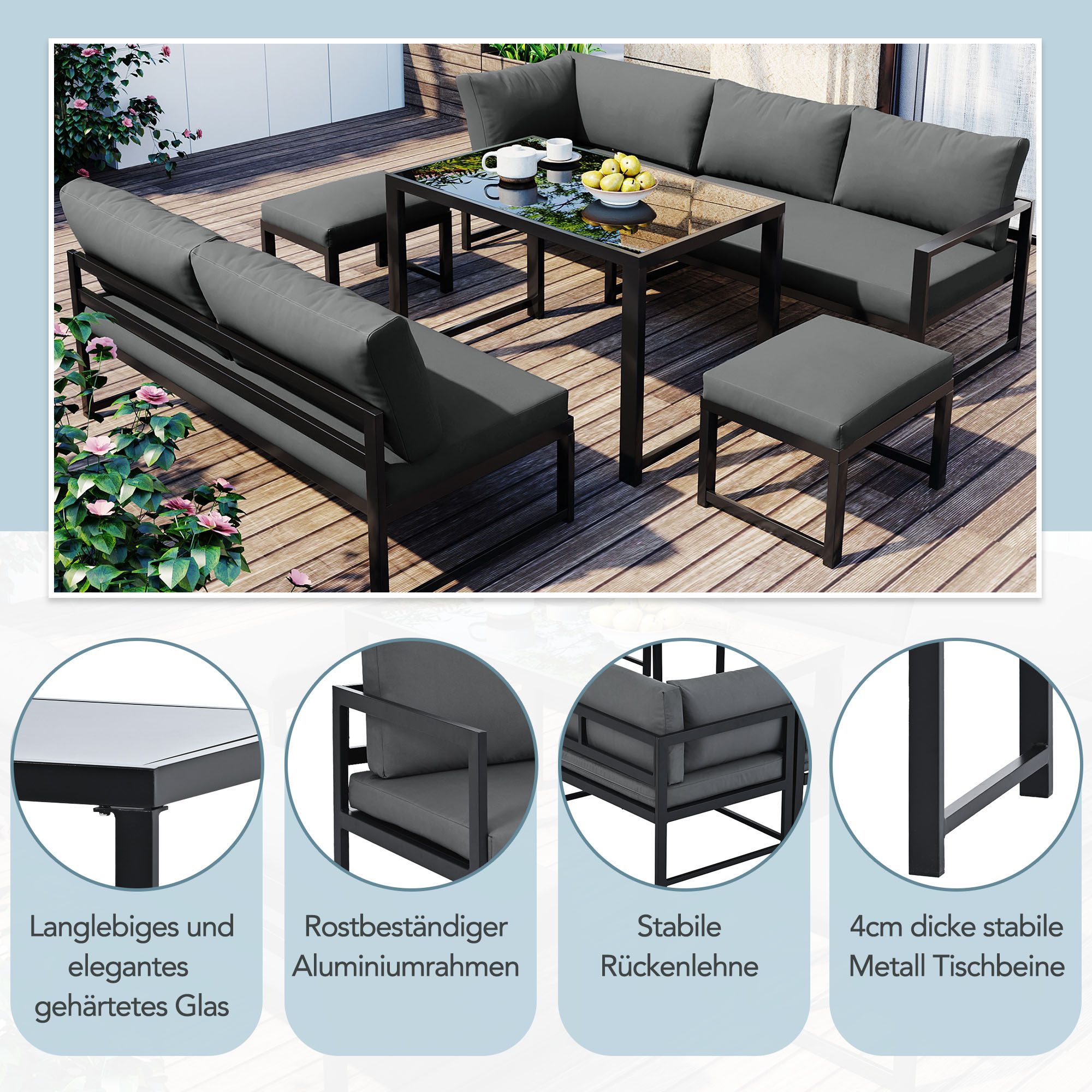 HAUSS SPOLE Gartenlounge-Set mit Liegefunktion, verstellbare Rückenlehne und Kissen, Grau