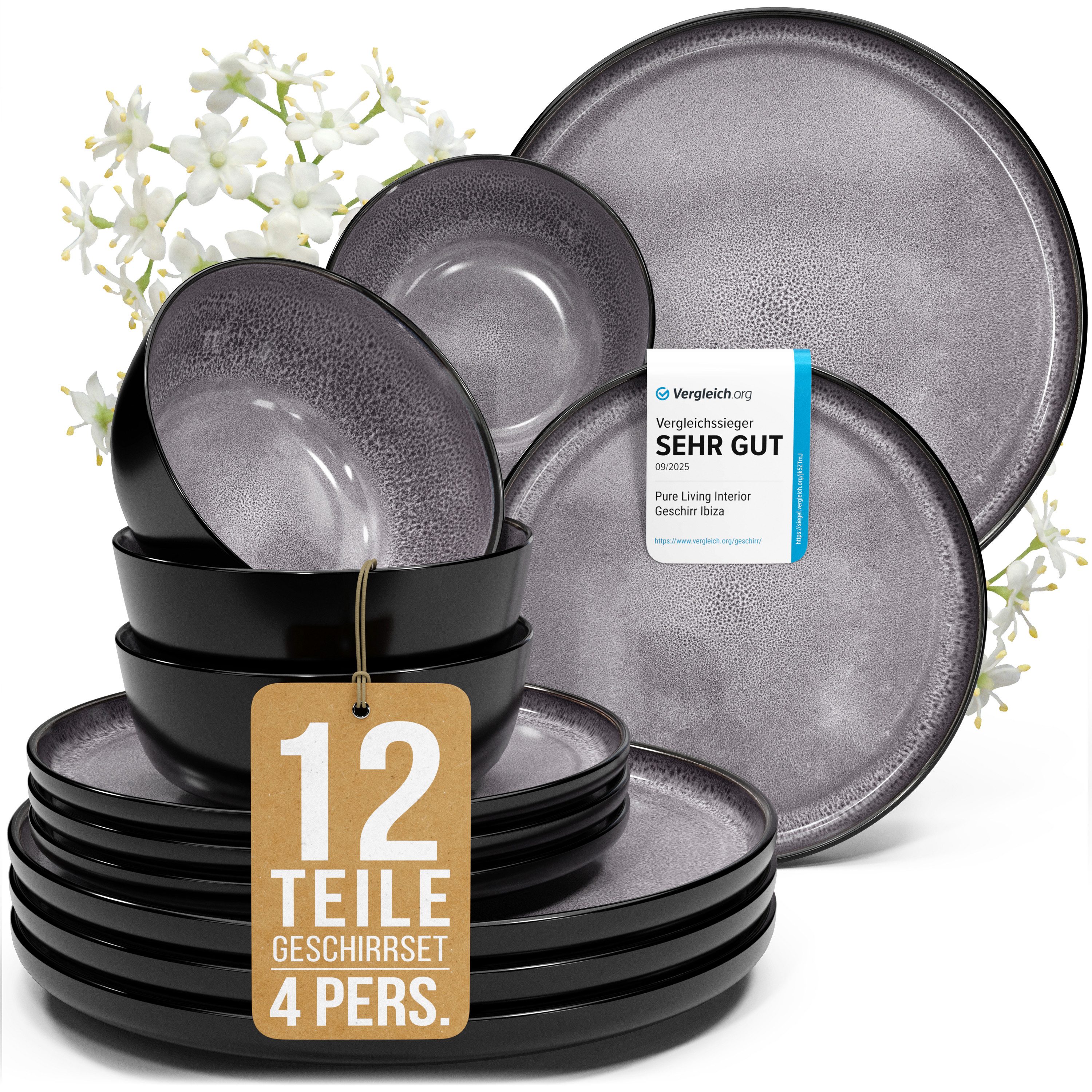 PURE LIVING INTERIOR DESIGN Geschirr-Set Ibiza aus Steingut, 12-tlg., für 4 Personen, Grau (12-tlg), 4 Personen, Steingut