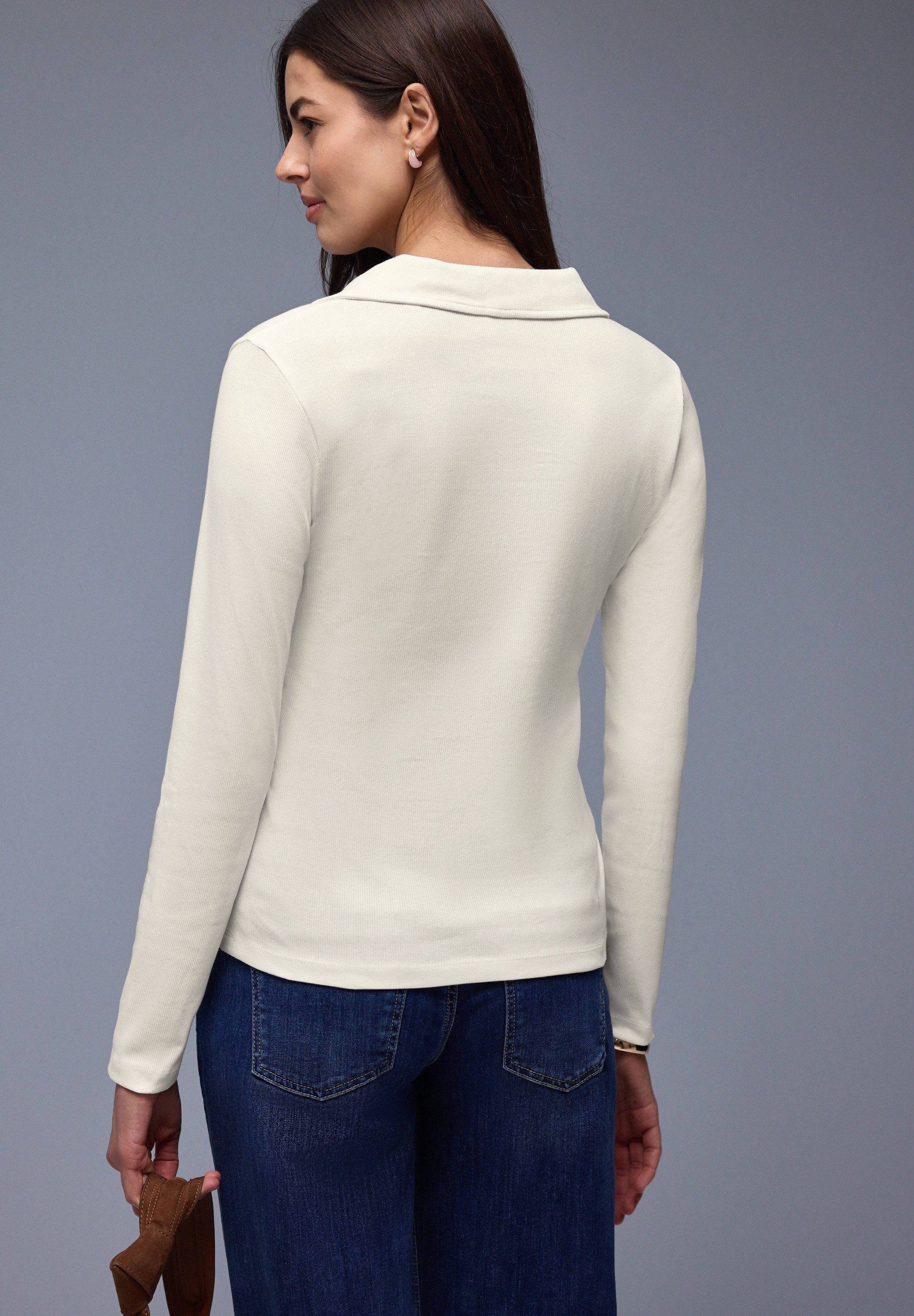 STREET ONE Langarm-Poloshirt in Melange-Optik und mit Ripp-Struktur