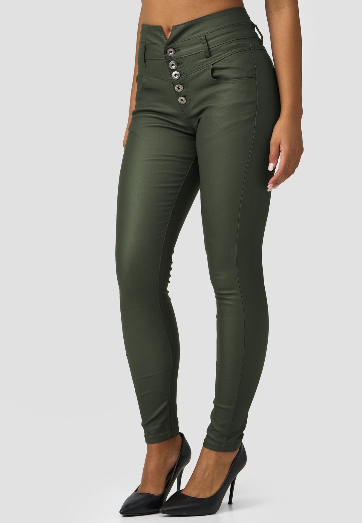 HELLO MISS Lederimitathose »3868« (skinny fit, 1-tlg., Knopf) Damen Leder  Optik Stretch Hose Beschichtet Coated Denim Pants Jeans online kaufen | OTTO